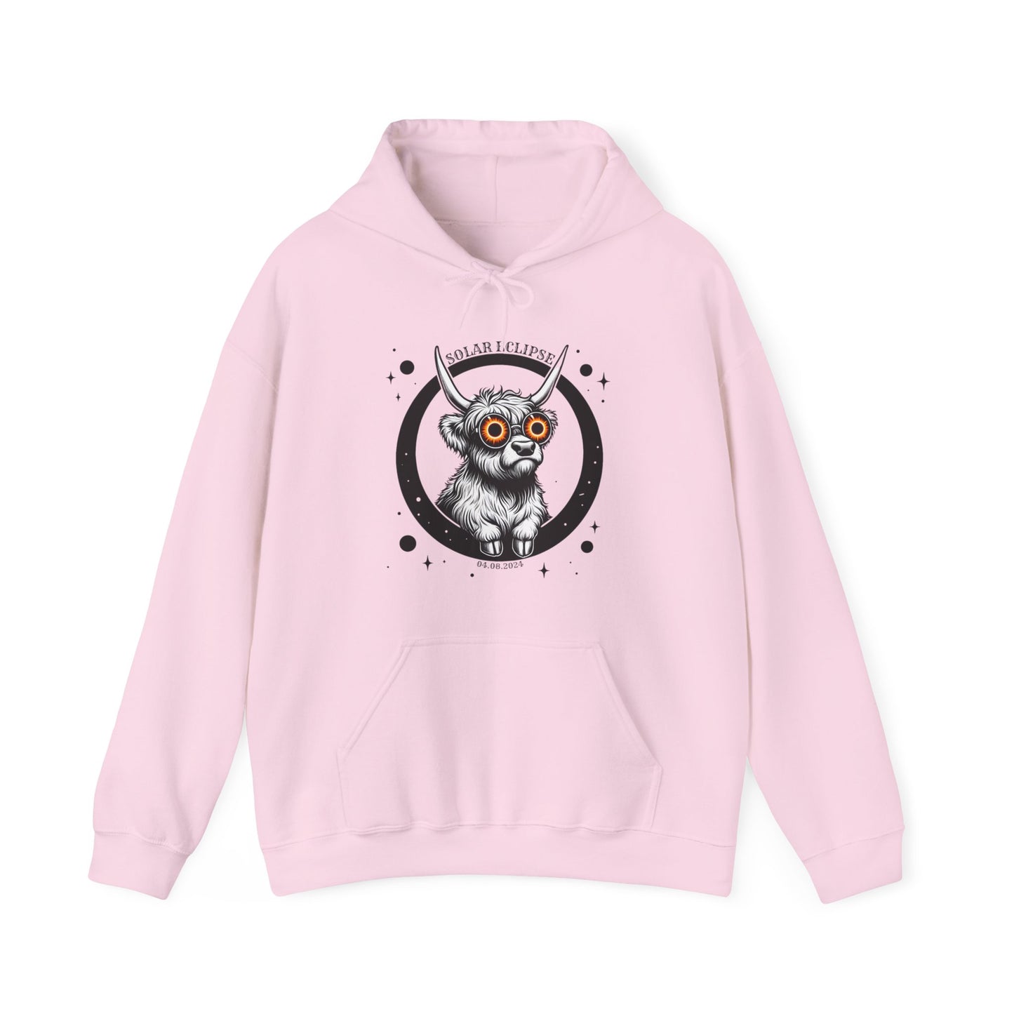 Highland Cow Eclipse 2024 Hooded Sweatshirt - Celestial Cuteness Hooded Sweatshirt, Cute Highland Cow Sweatshirt, Eclipse April 8 2024