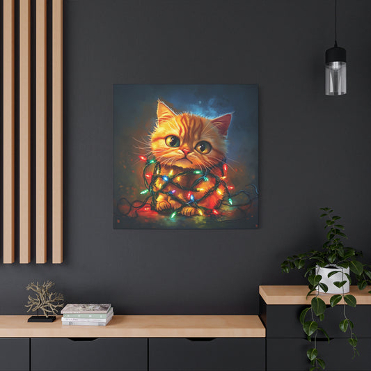 Frustrated Cat in Christmas Lights Canvas Art | Cute & Funny Holiday Decor, Funny Cat Christmas Lights Canvas | Cute Holiday Wall Art