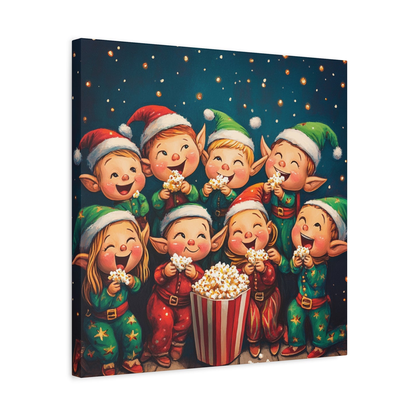 Vibrant Holiday Canvas Art: Elves in Pajamas Sharing Popcorn Magic, Cheerful Elves Enjoying a Cozy Christmas Sleepover, Colorful Wall Art