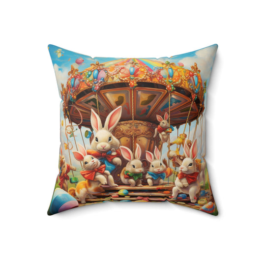 Spring Bunny Go-Round Pillow, Easter Bunny Soft Throw Pillow, Soft Florals Sofa Accent Pillow Decor, Double Sided Couch Pillow with Insert