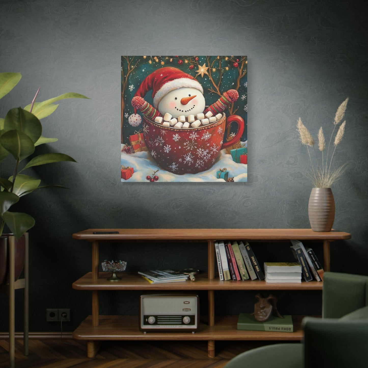 Cute Snowman Wall Art - Cozy Cocoa and Marshmallows Holiday Print, Joyful Christmas Canvas - Snowman Sipping Cocoa with Marshmallows