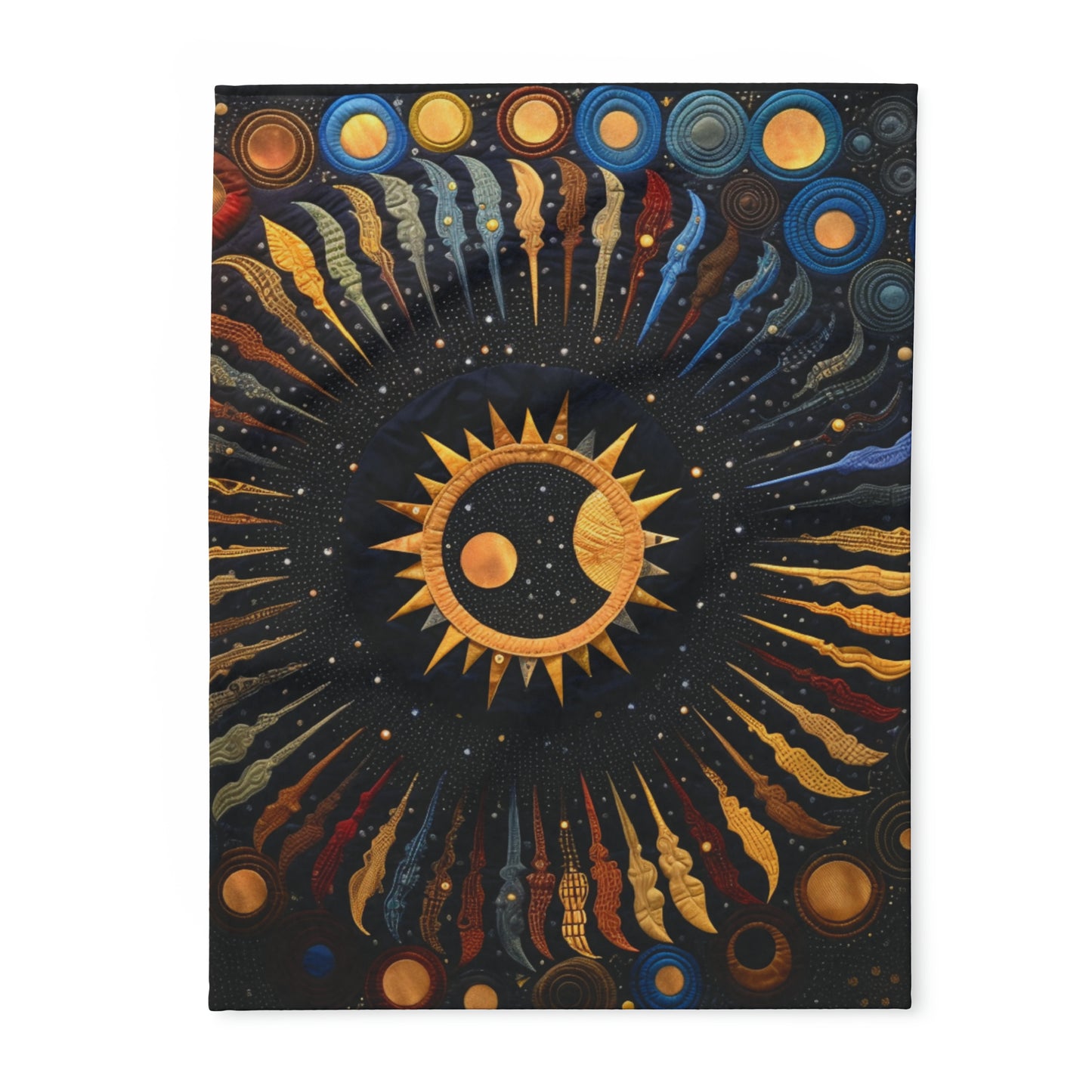 Cosmic Eclipse Fleece Quilt: Solar and Lunar Patterns Intertwined in Soft Warmth, Arctic Fleece Blanket