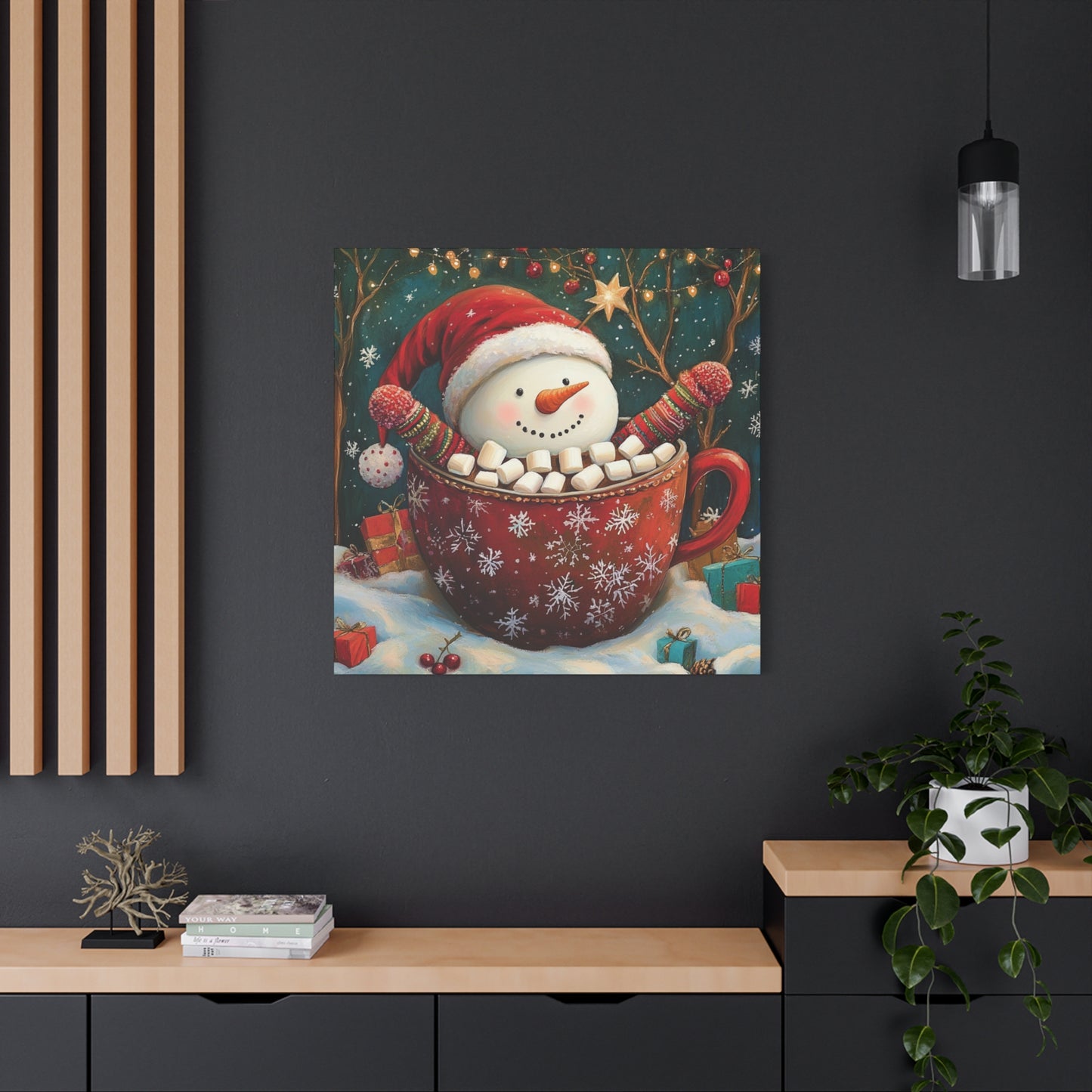 Cute Snowman Wall Art - Cozy Cocoa and Marshmallows Holiday Print, Joyful Christmas Canvas - Snowman Sipping Cocoa with Marshmallows