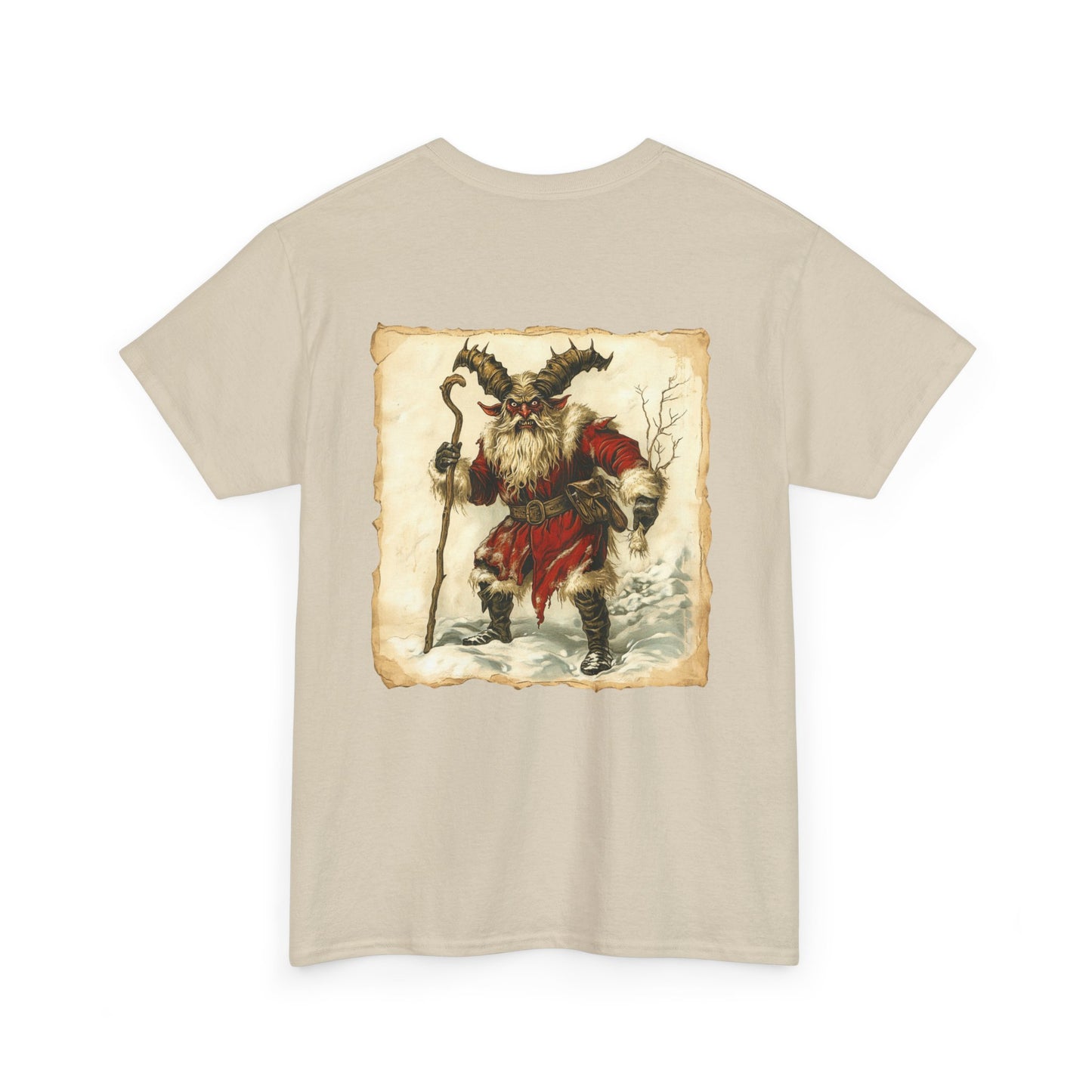 Vintage Krampus Unisex T-Shirt on Back, Dark Christmas Holiday, Xmas Devil Creature, Skeletal Reindeer, Santa Skull, Merry Creepmas