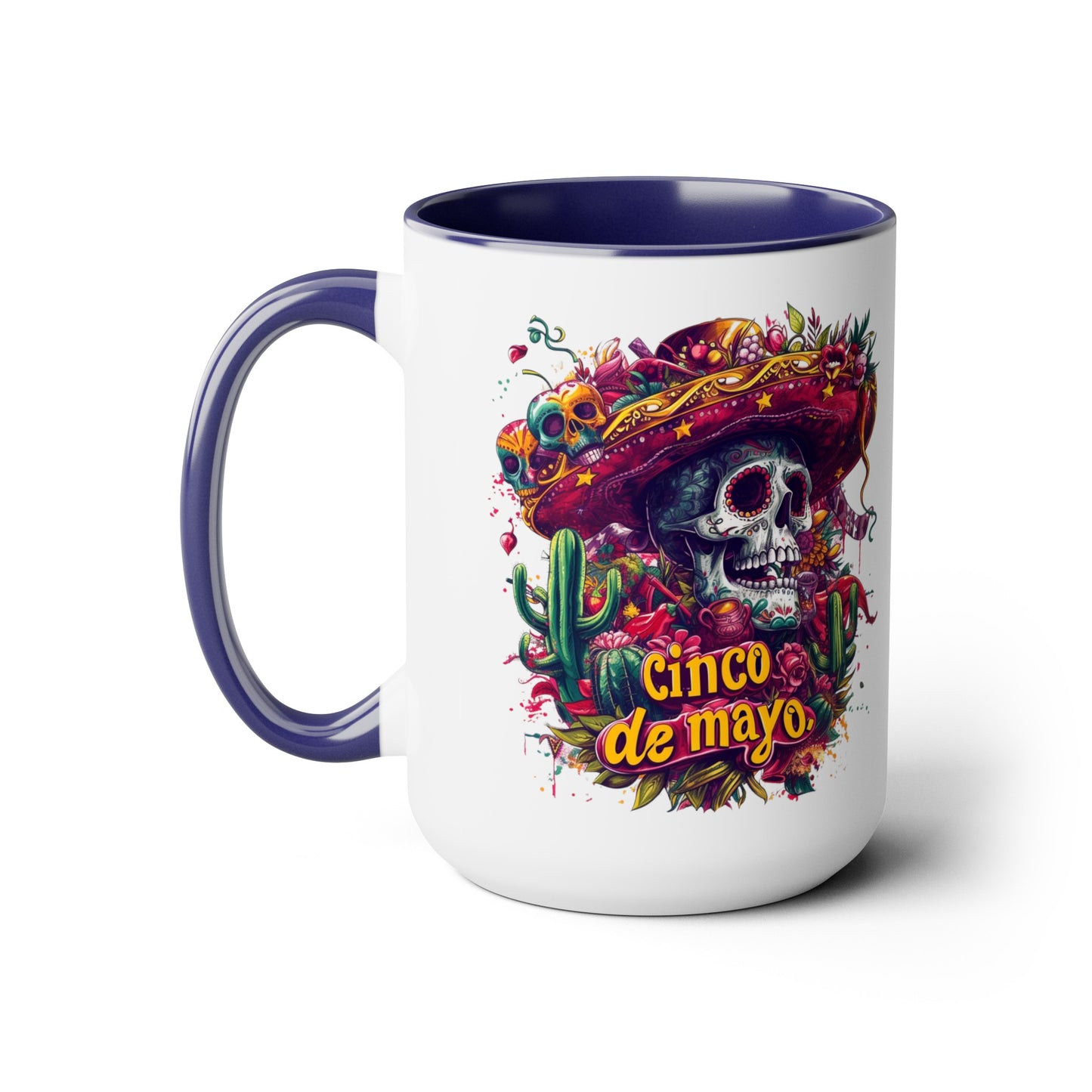 Festive Skull Design Cinco de Mayo Mug - Day of the Dead Inspired, Colorful Decorated Skull Mug for Cinco de Mayo - 15 oz. Capacity