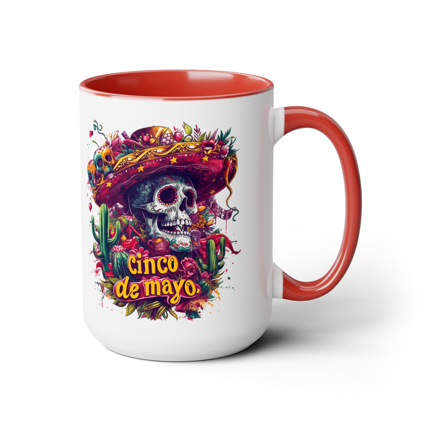 Festive Skull Design Cinco de Mayo Mug - Day of the Dead Inspired, Colorful Decorated Skull Mug for Cinco de Mayo - 15 oz. Capacity