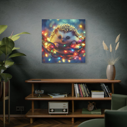 Cute Hedgehog Christmas Decor | Colorful Cartoon Canvas Wall Art for Holiday Cheer, Adorable Hedgehog Tied Up in Bright Christmas Lights