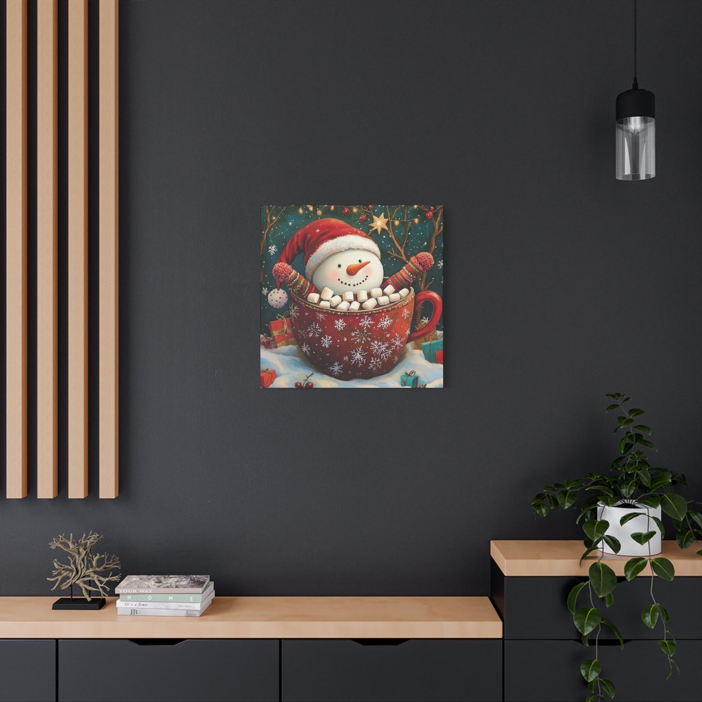 Cute Snowman Wall Art - Cozy Cocoa and Marshmallows Holiday Print, Joyful Christmas Canvas - Snowman Sipping Cocoa with Marshmallows