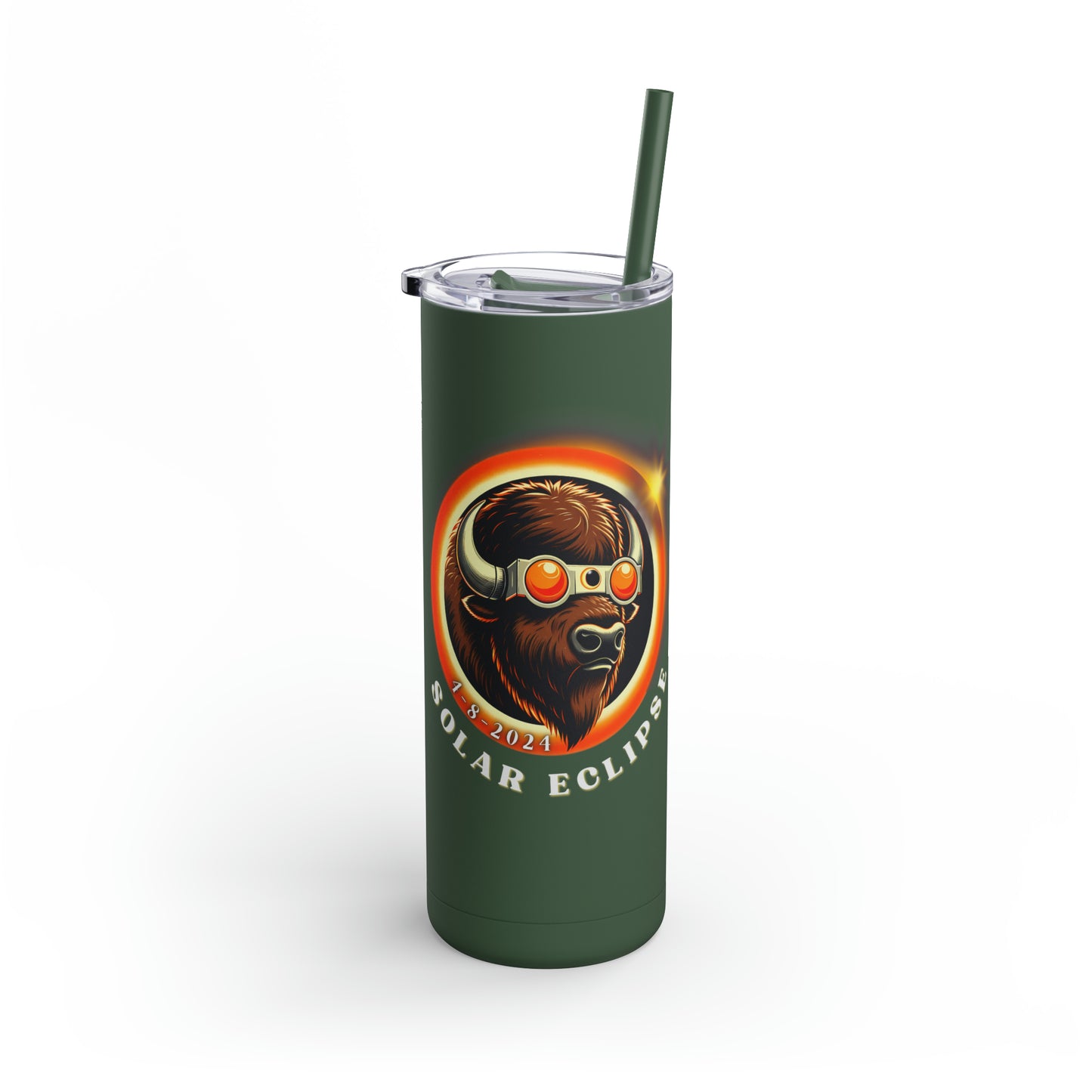 Unique Solar Eclipse Souvenir: American Buffalo Wearing Sunglasses - April 8, 2024 - 20 oz. Tumbler, Maars Maker Skinny Matte Tumbler, 20oz