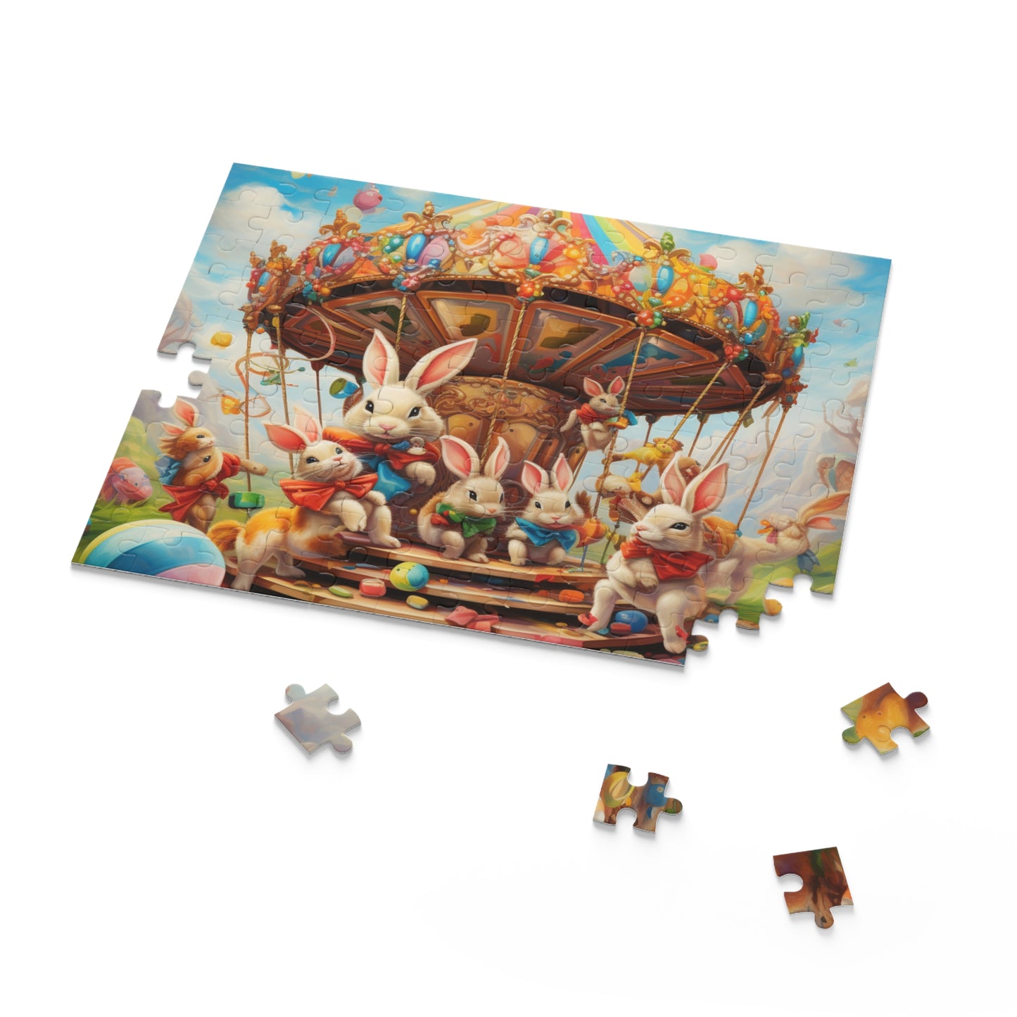 Easter Bunny Carousel Puzzle, Easter Eggs Bunny Jigsaw Puzzle (120, 252, 500-Piece) Family Puzzles, Kids Puzzle, Easter Gifts, Easter Decor