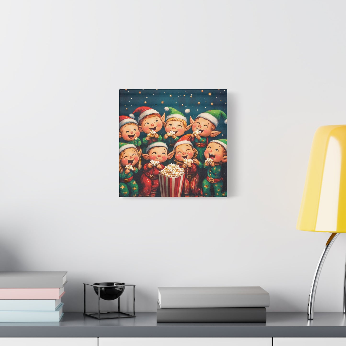 Vibrant Holiday Canvas Art: Elves in Pajamas Sharing Popcorn Magic, Cheerful Elves Enjoying a Cozy Christmas Sleepover, Colorful Wall Art