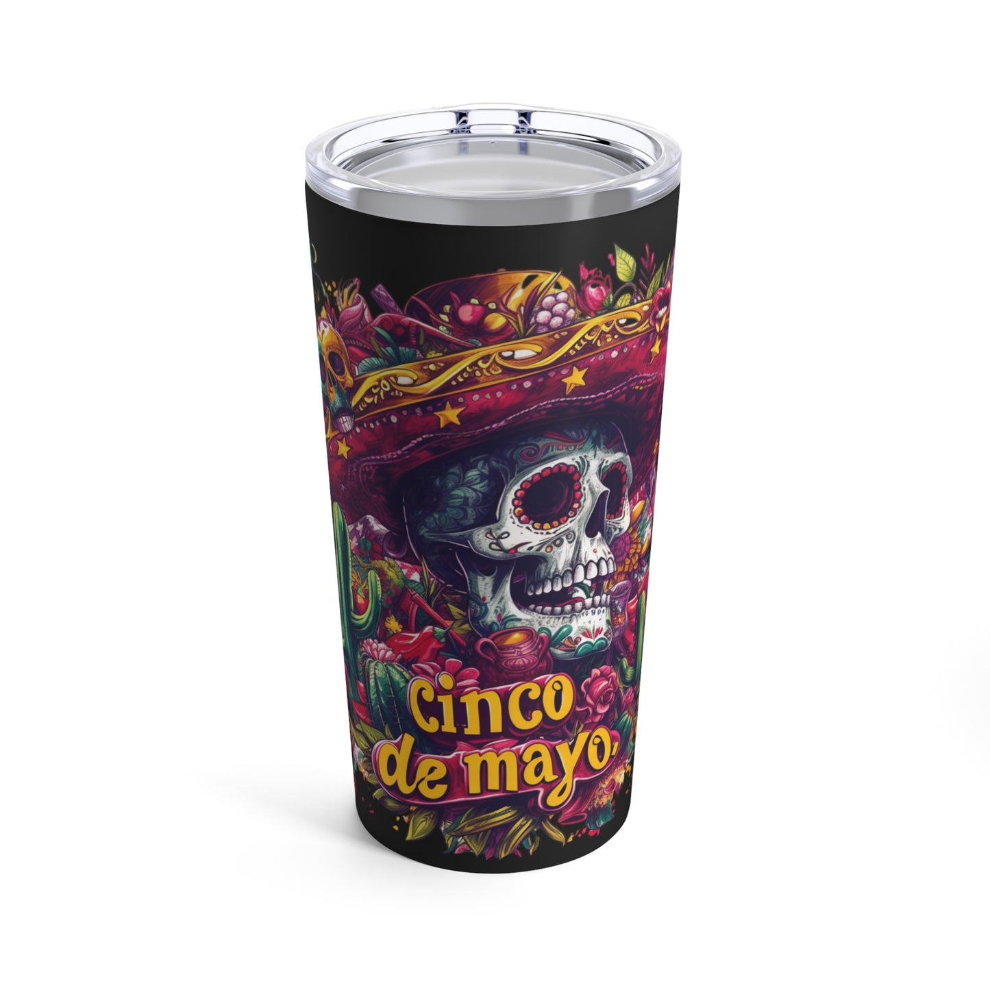 Colorful Sugar Skull Tumbler - Cinco de Mayo Celebration - 20 oz Cup, Festive Cinco de Mayo Decorated Skull Tumbler -Fiesta Gift Idea