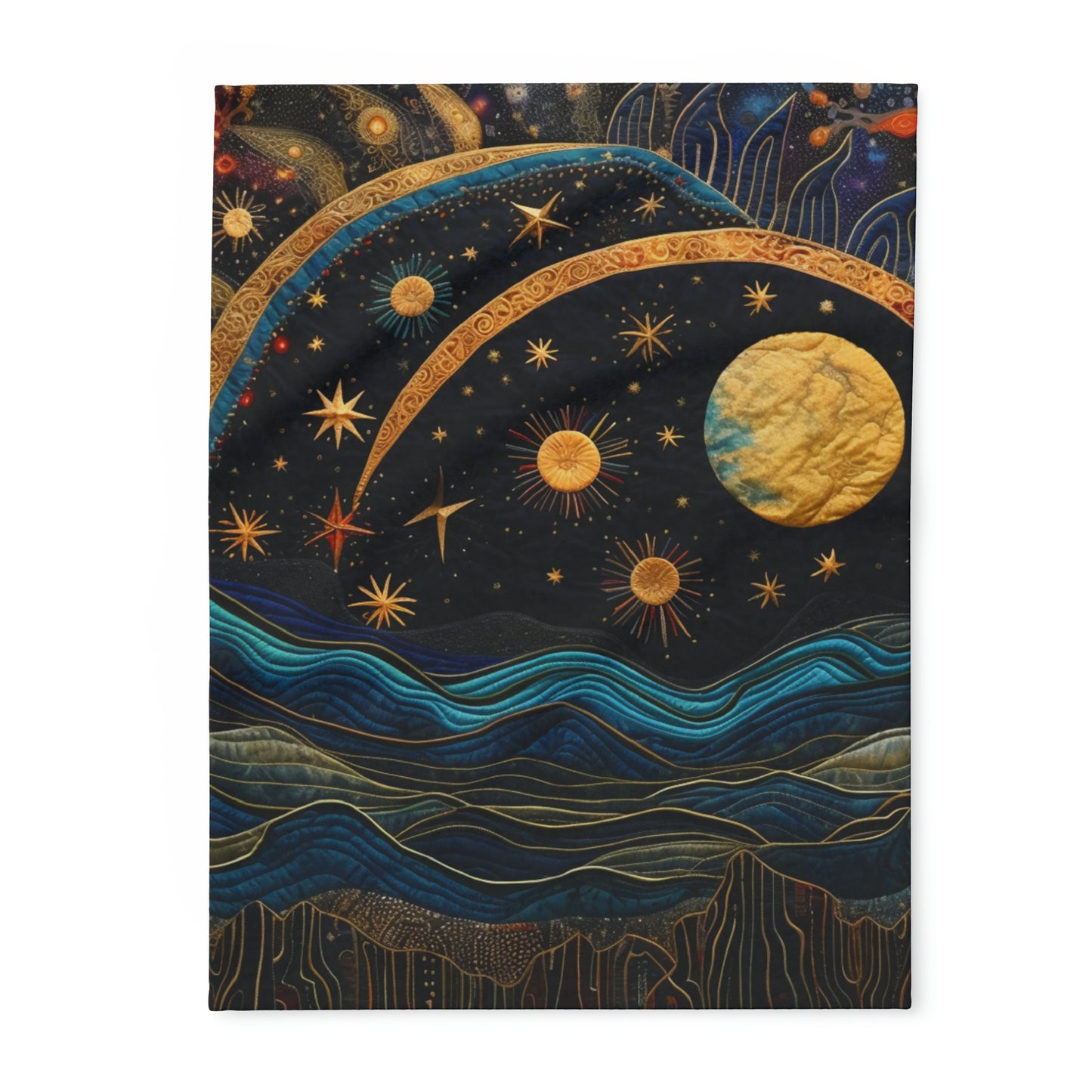 Cosmic Painting Inspired Fleece Blanket: Quilt of Solar and Lunar Motifs for Art Lovers, Arctic Fleece Blanket