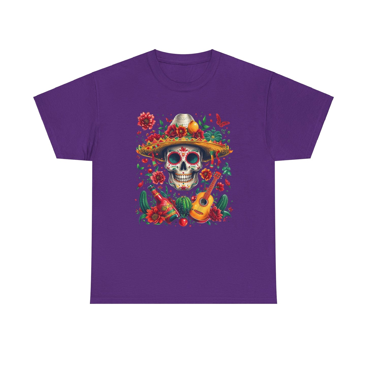 Celebrate Dia de los Muertos in Style with this Vibrant Skull and Sombrero Tee - Unique Statement Shirt