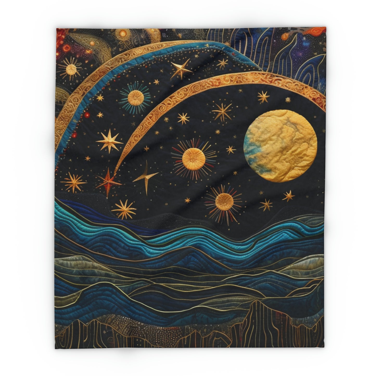 Cosmic Painting Inspired Fleece Blanket: Quilt of Solar and Lunar Motifs for Art Lovers, Arctic Fleece Blanket