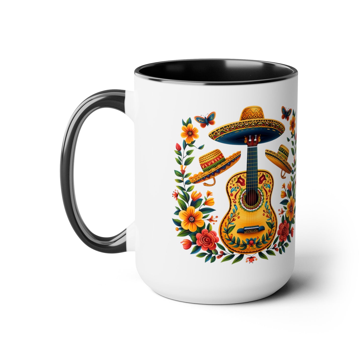 Mexican Inspired 15 oz. Mug featuring Guitars, Sombreros, & Vibrant Flowers - Gift for Music and Nature Lovers