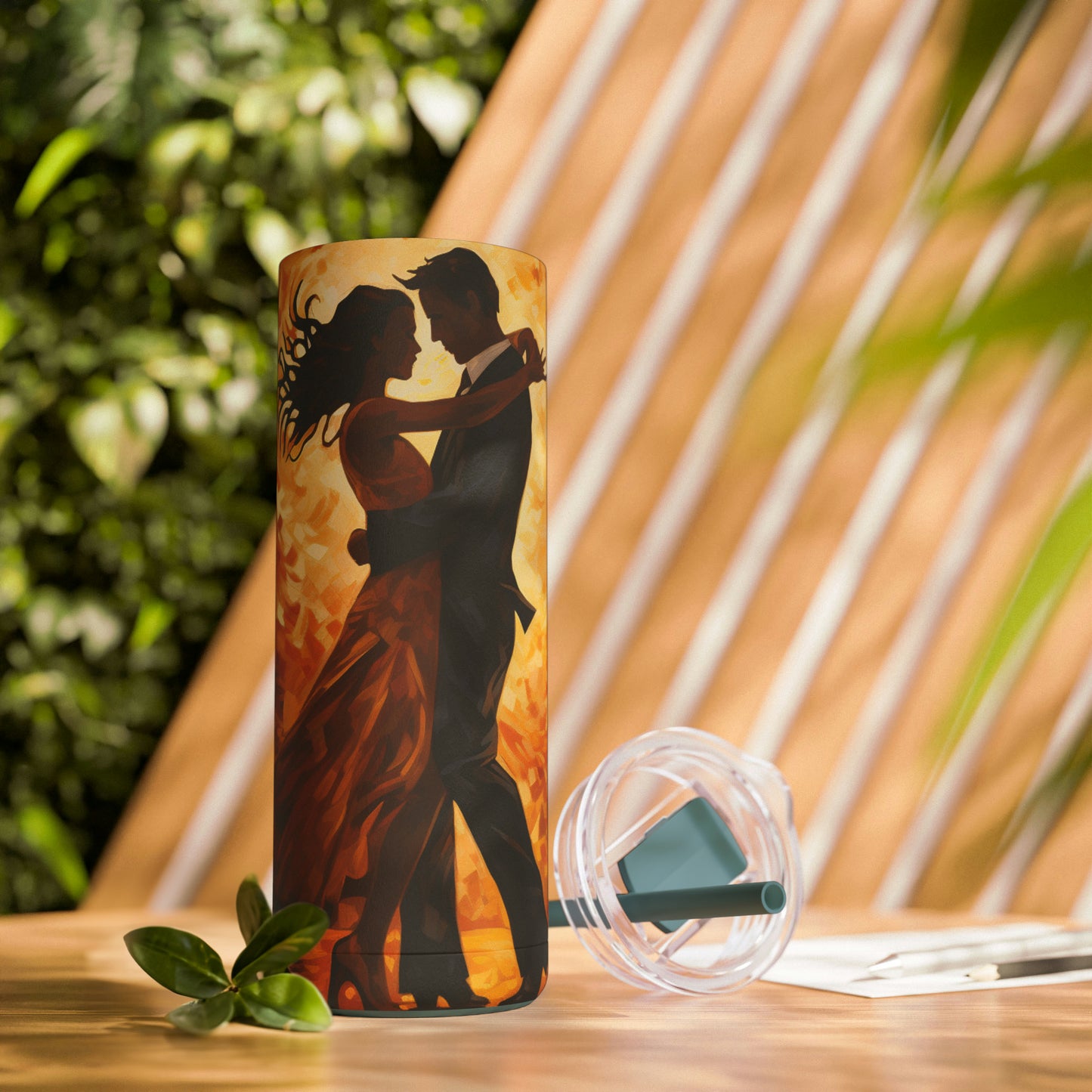 Sizzling Romance - Vibrant Background 20 oz Tumbler with Two Dancing Lovers, Maars Maker Skinny Matte Tumbler, 20oz