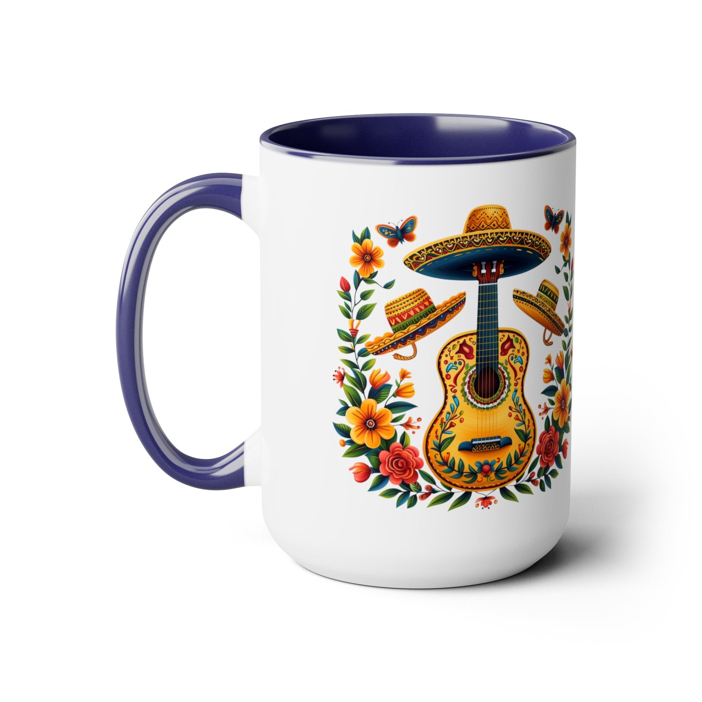 Mexican Inspired 15 oz. Mug featuring Guitars, Sombreros, & Vibrant Flowers - Gift for Music and Nature Lovers