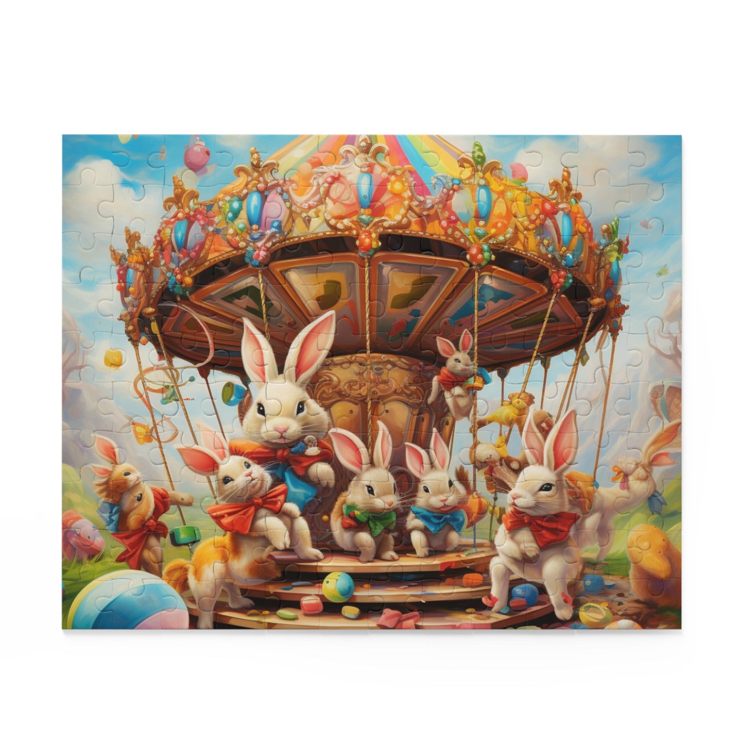 Easter Bunny Carousel Puzzle, Easter Eggs Bunny Jigsaw Puzzle (120, 252, 500-Piece) Family Puzzles, Kids Puzzle, Easter Gifts, Easter Decor