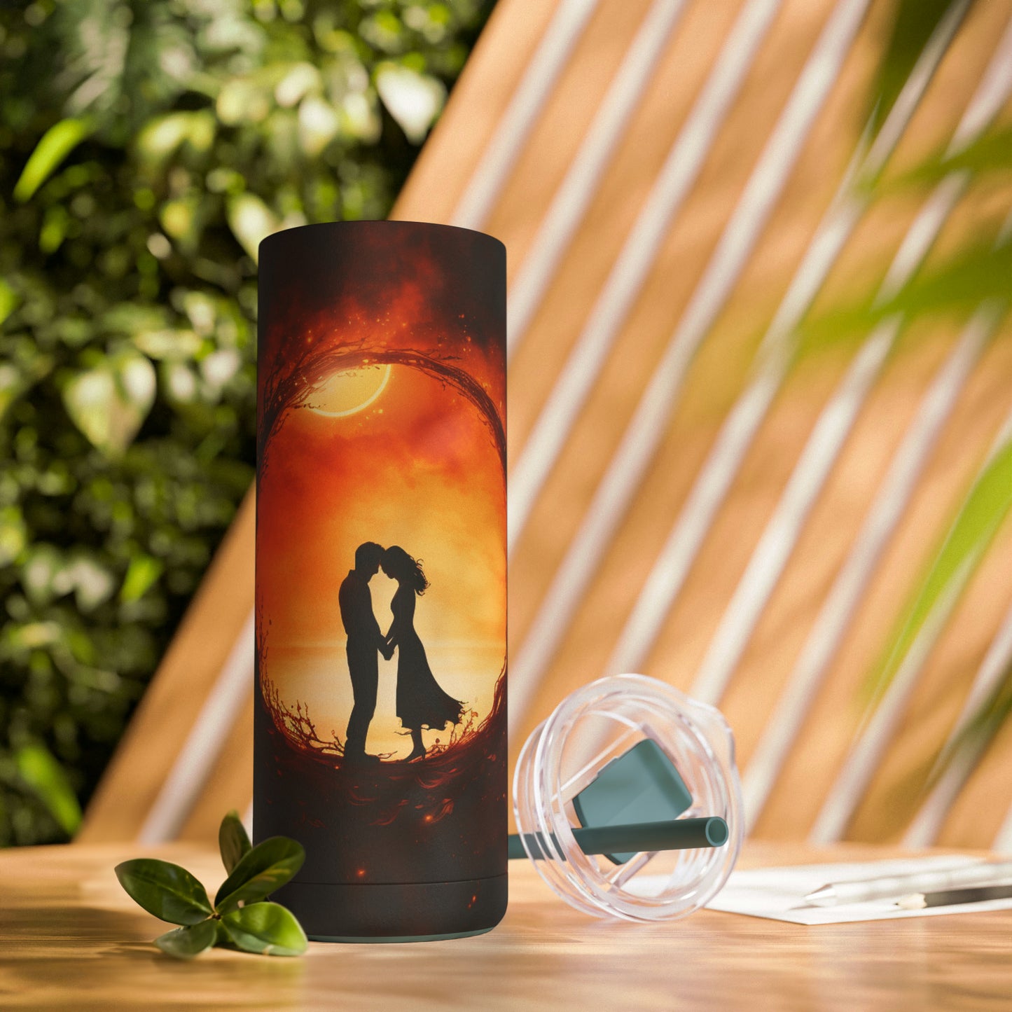 Romantic Eclipse Bliss: Two Lovers Embracing on a 20 oz. Tumbler, Celestial Love Maars Maker Skinny Matte Tumbler, 20oz