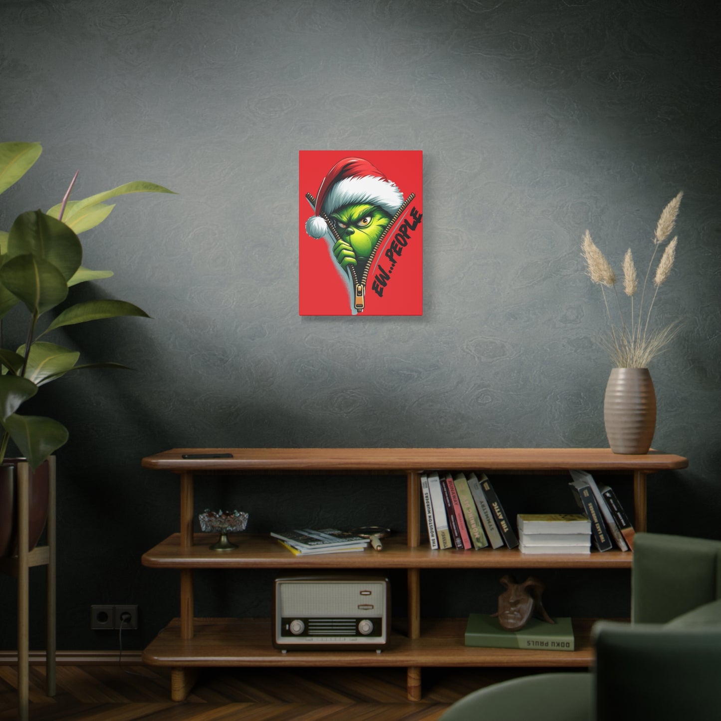 Red Grinch Canvas Art: 'Ewww People' Zipper Design for Fun Decor, Playful Grinch Canvas Wall Art - 'Ewww People' 3D Zipper Design