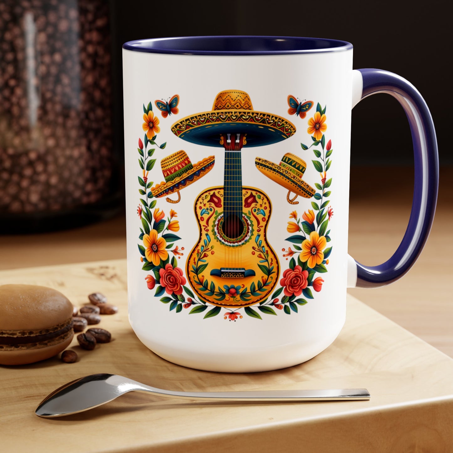 Mexican Inspired 15 oz. Mug featuring Guitars, Sombreros, & Vibrant Flowers - Gift for Music and Nature Lovers