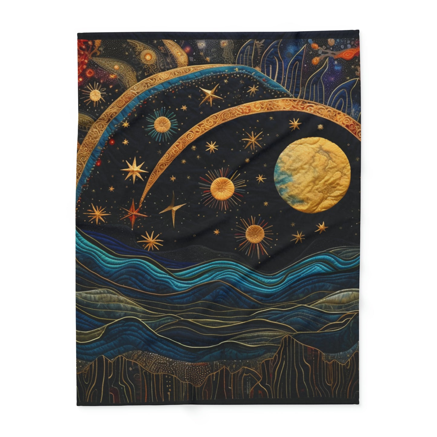 Cosmic Painting Inspired Fleece Blanket: Quilt of Solar and Lunar Motifs for Art Lovers, Arctic Fleece Blanket