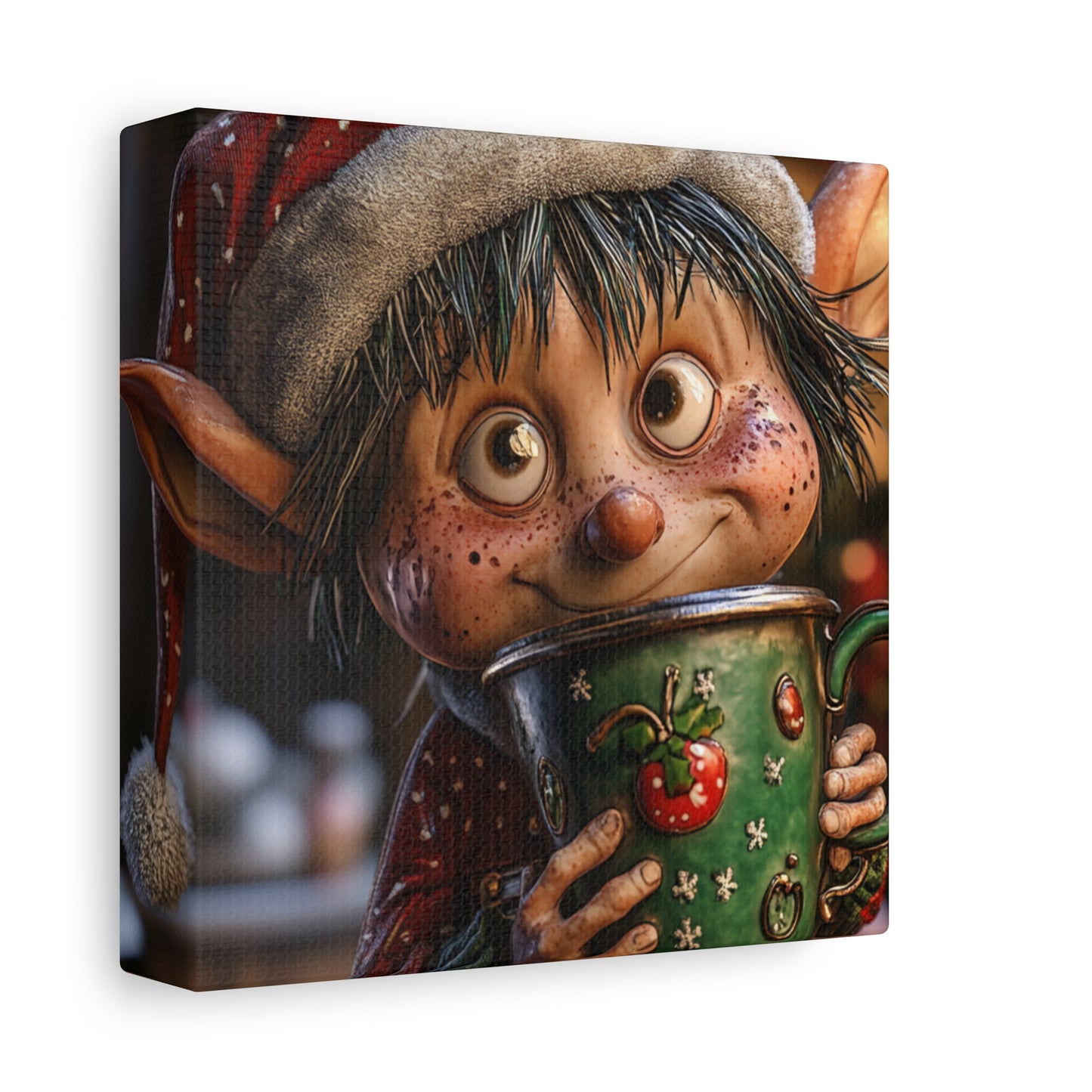 Whimsical Christmas Elf Wall Art - Cheerful Coffee-Loving Decor for the Holidays,Festive Canvas Art,Humorous Xmas Elf with Giant Coffee Mug