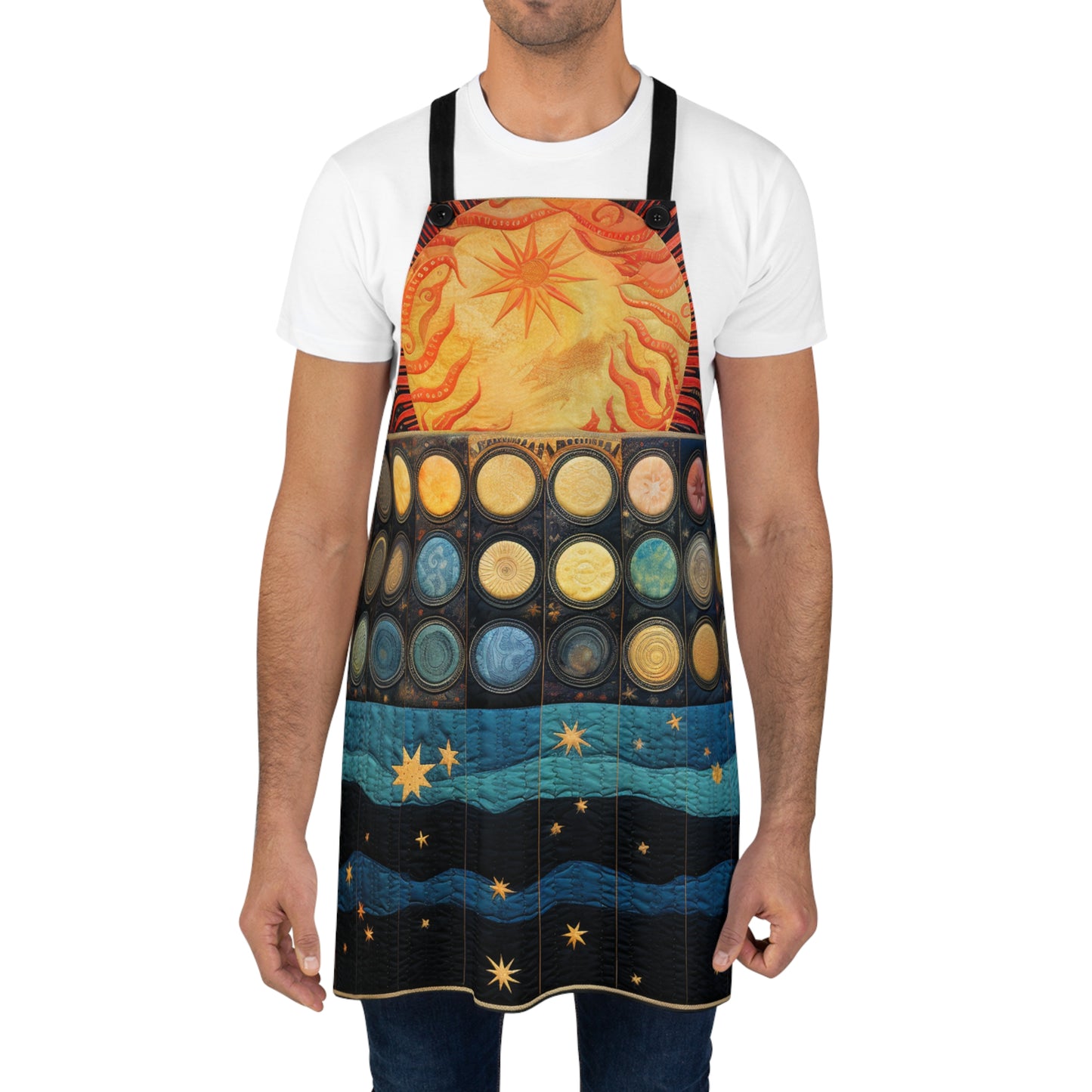 Galaxy-inspired Stars and Universe Quilt-pattern Apron with Sun and Planets Design, Celestial Delight: Sun, Planets, and Stars Quilt-pattern