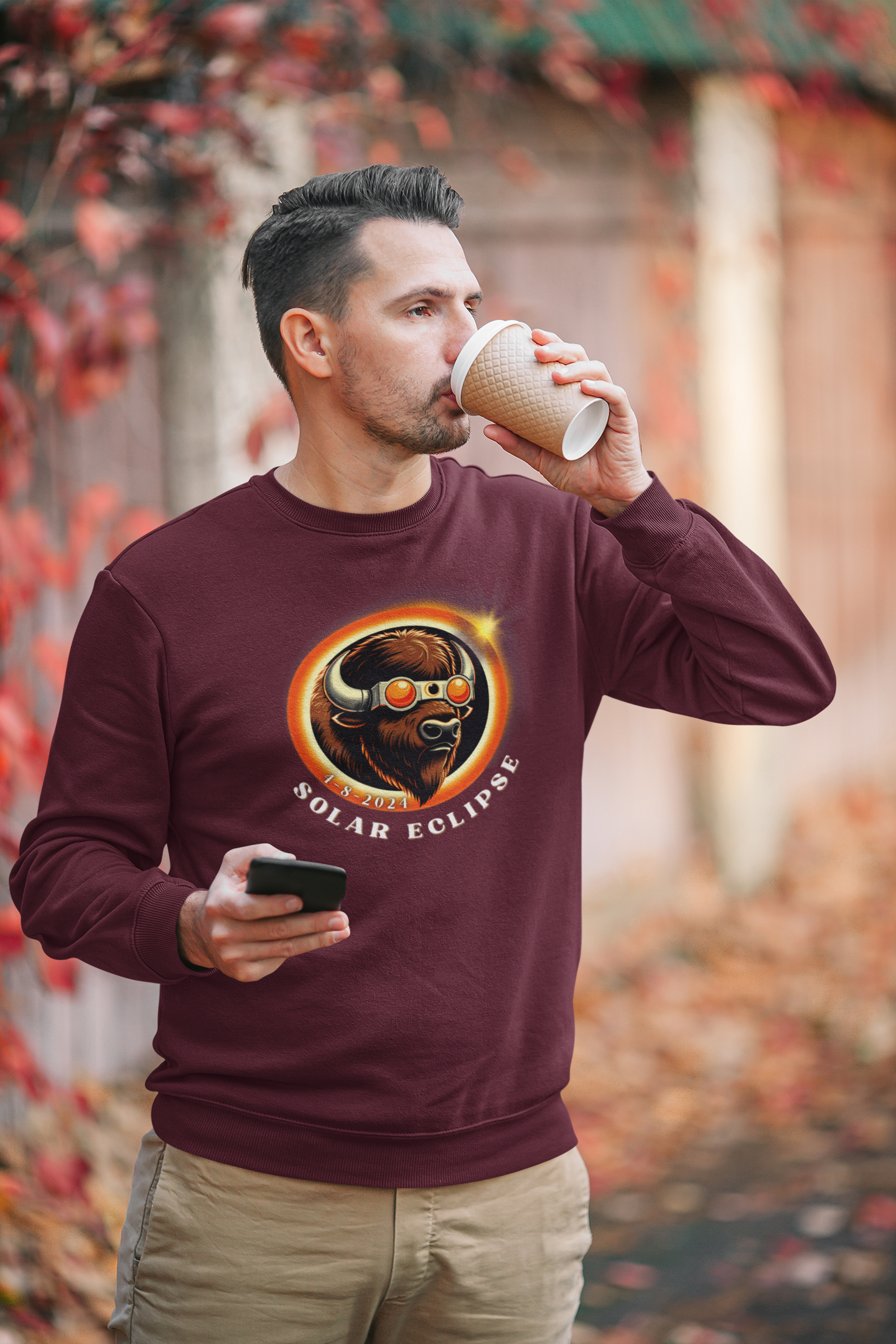 American Buffalo Eclipse Sunglasses Sweatshirt - Unique Wildlife Print, Graphic American Buffalo Sweatshirt with Eclipse Sunglasses Print