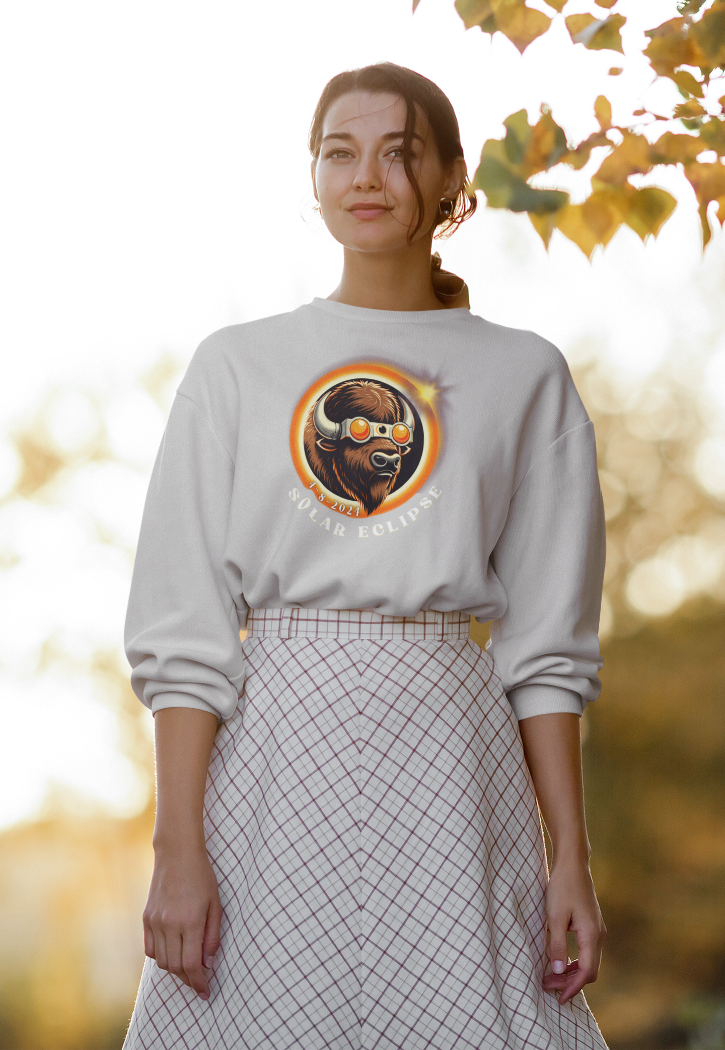 American Buffalo Eclipse Sunglasses Sweatshirt - Unique Wildlife Print, Graphic American Buffalo Sweatshirt with Eclipse Sunglasses Print