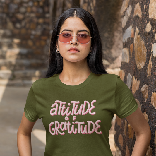 Graphic Unisex T Shirt that reads Attitude Of Gratitude and Canvas tee in the color military green