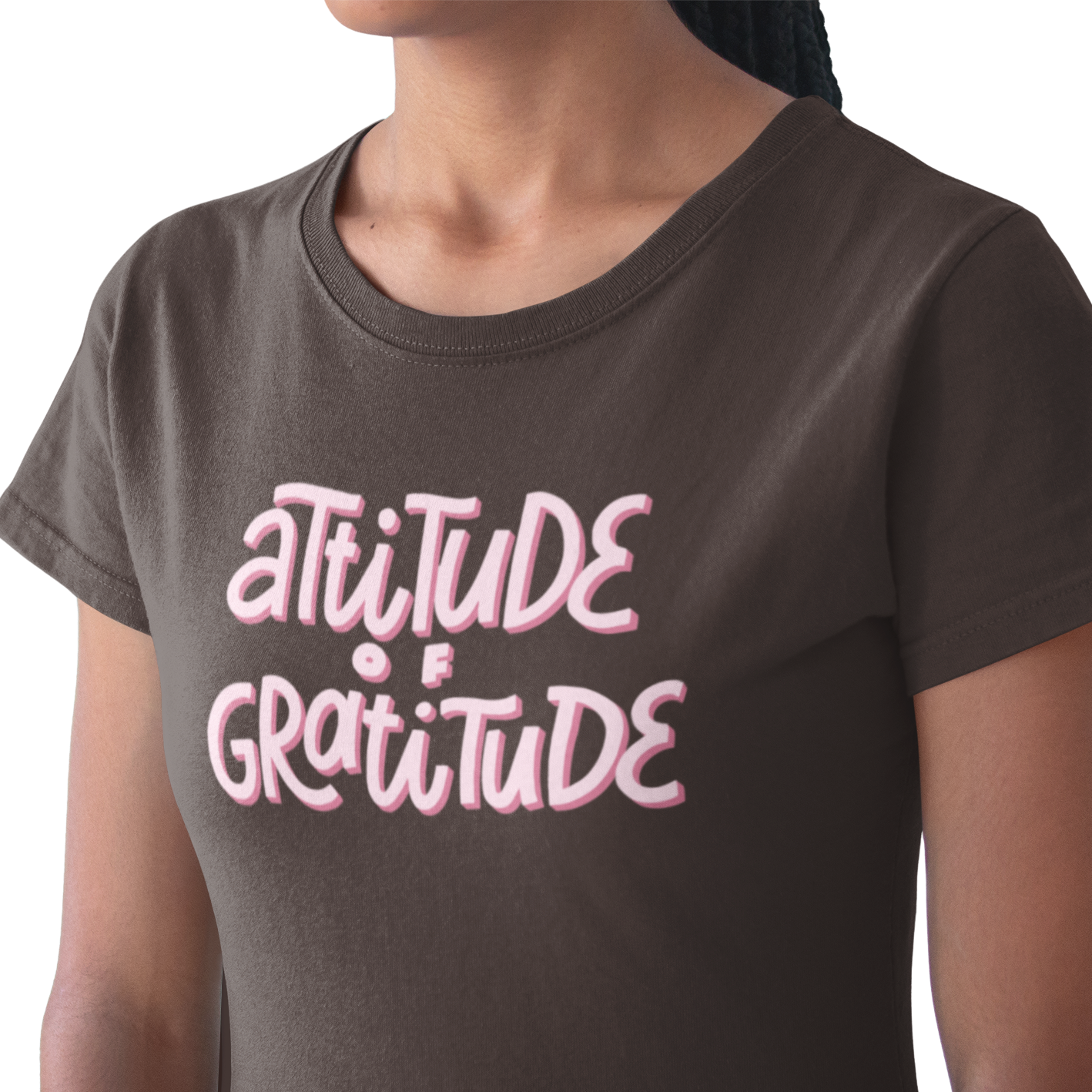 Graphic Unisex T Shirt that reads Attitude Of Gratitude and Canvas tee in the color Dark chocolate