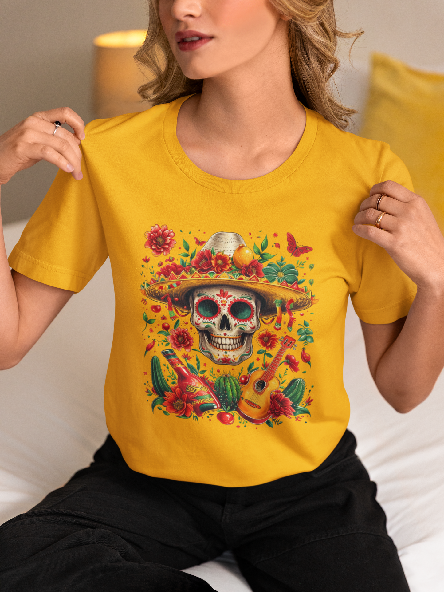 Celebrate Dia de los Muertos in Style with this Vibrant Skull and Sombrero Tee - Unique Statement Shirt