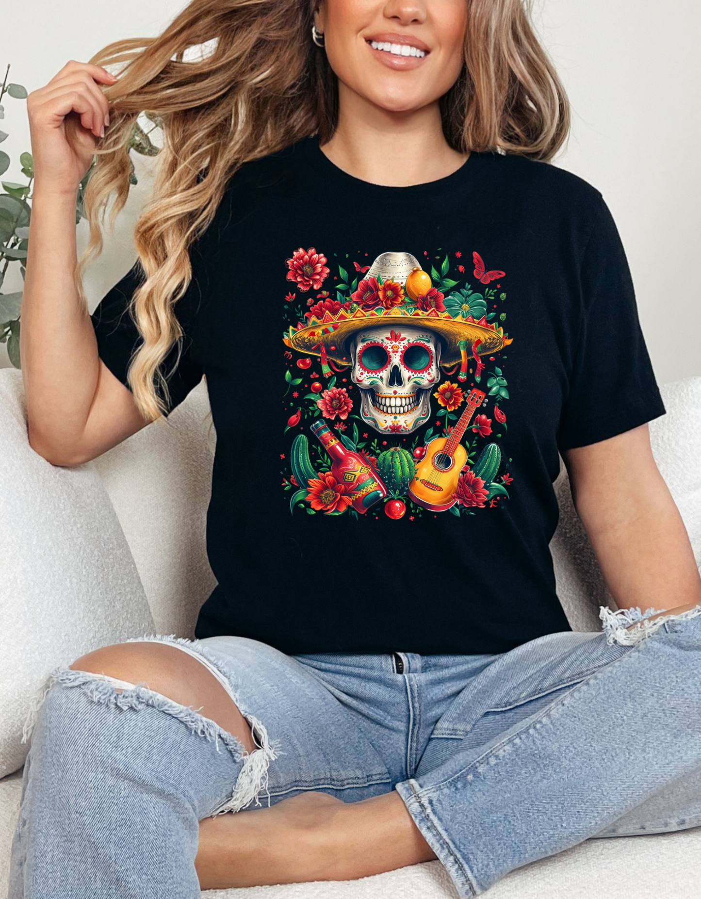 Celebrate Dia de los Muertos in Style with this Vibrant Skull and Sombrero Tee - Unique Statement Shirt