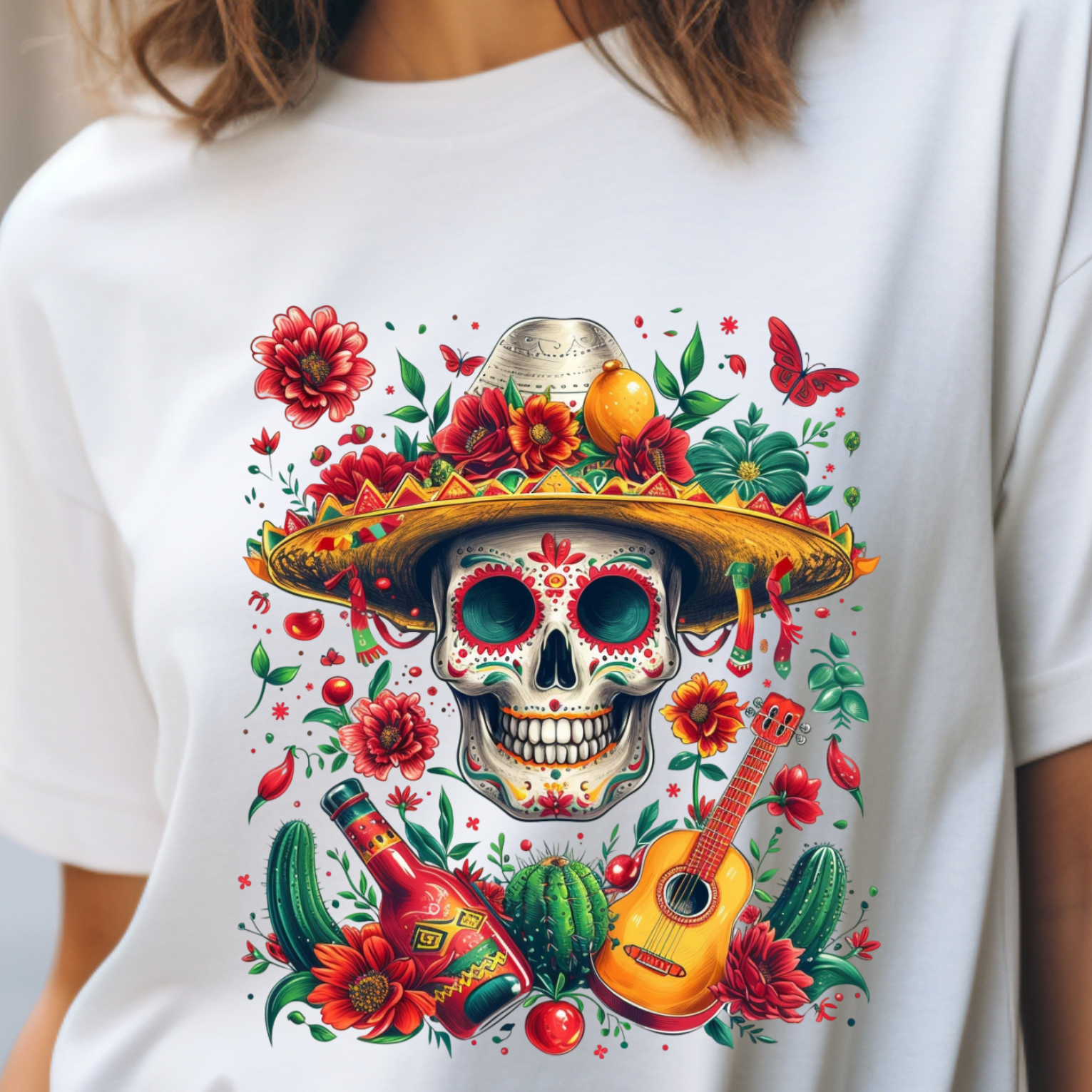 Get ready to celebrate Dia de los Muertos in style with our vibrant Skull and Sombrero Tee! This colorful and festive shirt is the perfect way to honor the tradition of Dia de los Muertos while adding a touch of flair to your ensemble. Stand out from the crowd and embrace the spirit of celebration with this eye-catching design! 💀🌺 #DiaDeLosMuertos #FiestaFashion