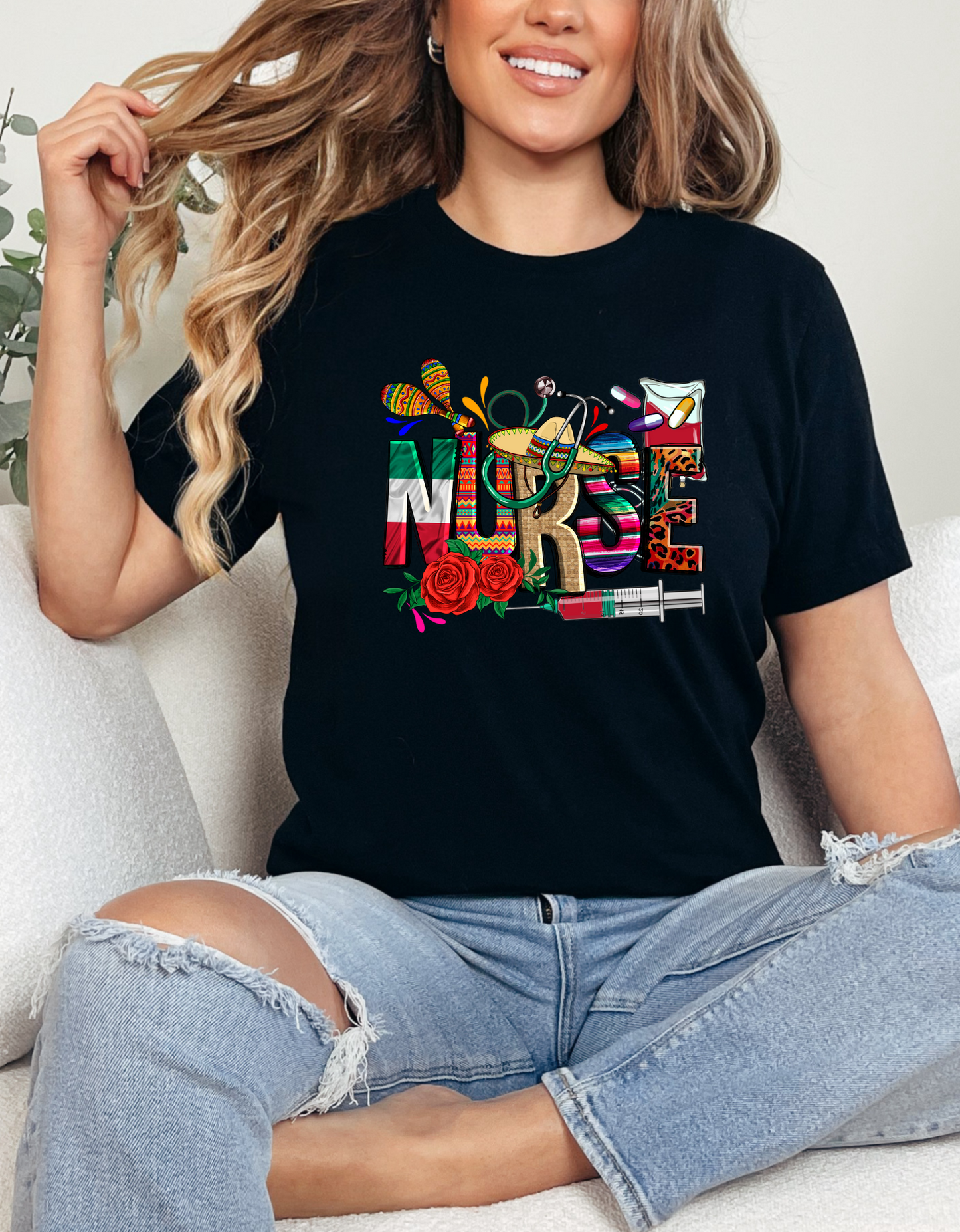 Cinco de Mayo Nurse Shirt in Buffalo Plaid - Trendy Healthcare Apparel, Cinco de Mayo Nurse  Plaid T-shirt - Festive Healthcare Worker Top