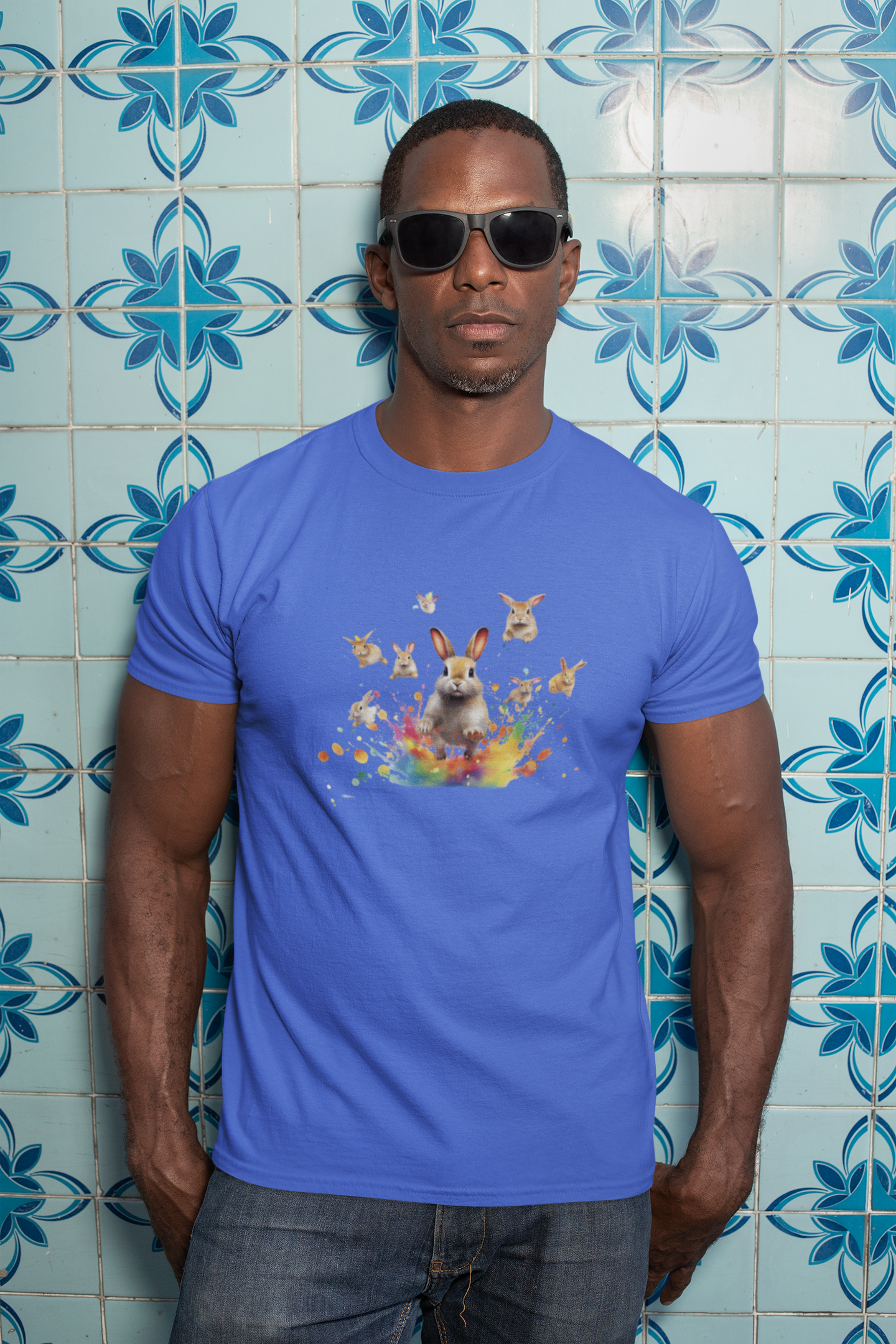 Colorful Easter Bunny Shirt with Jumping Rabbits - Festive Spring Tee, Unisex Heavy Cotton Tee