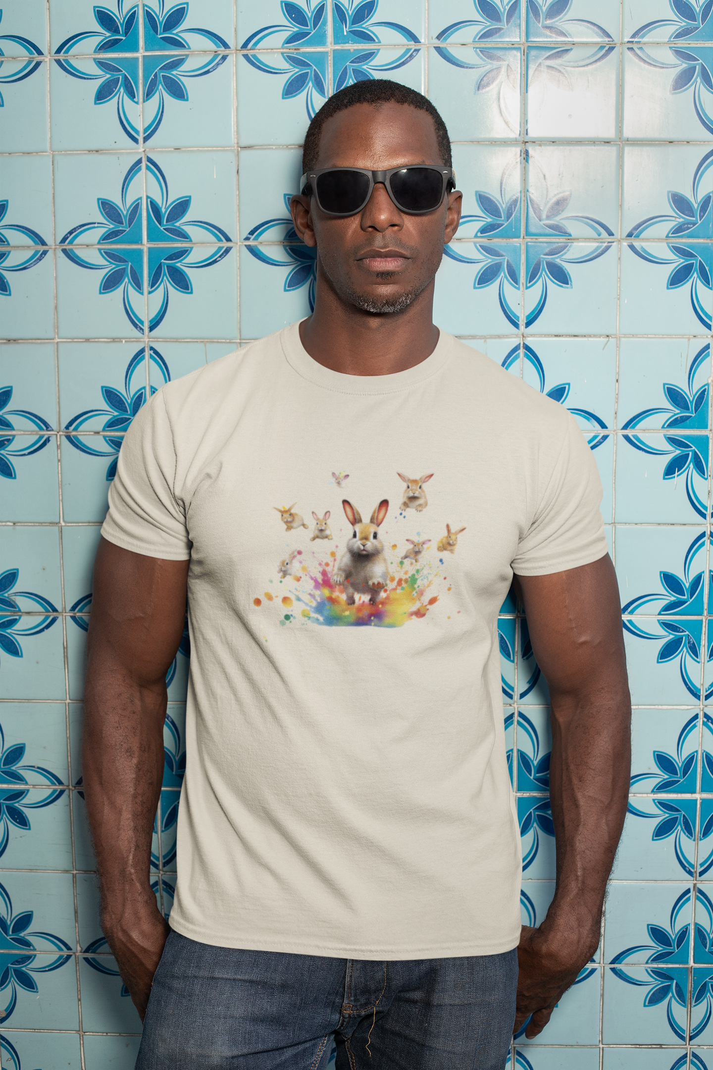 Colorful Easter Bunny Shirt with Jumping Rabbits - Festive Spring Tee, Unisex Heavy Cotton Tee