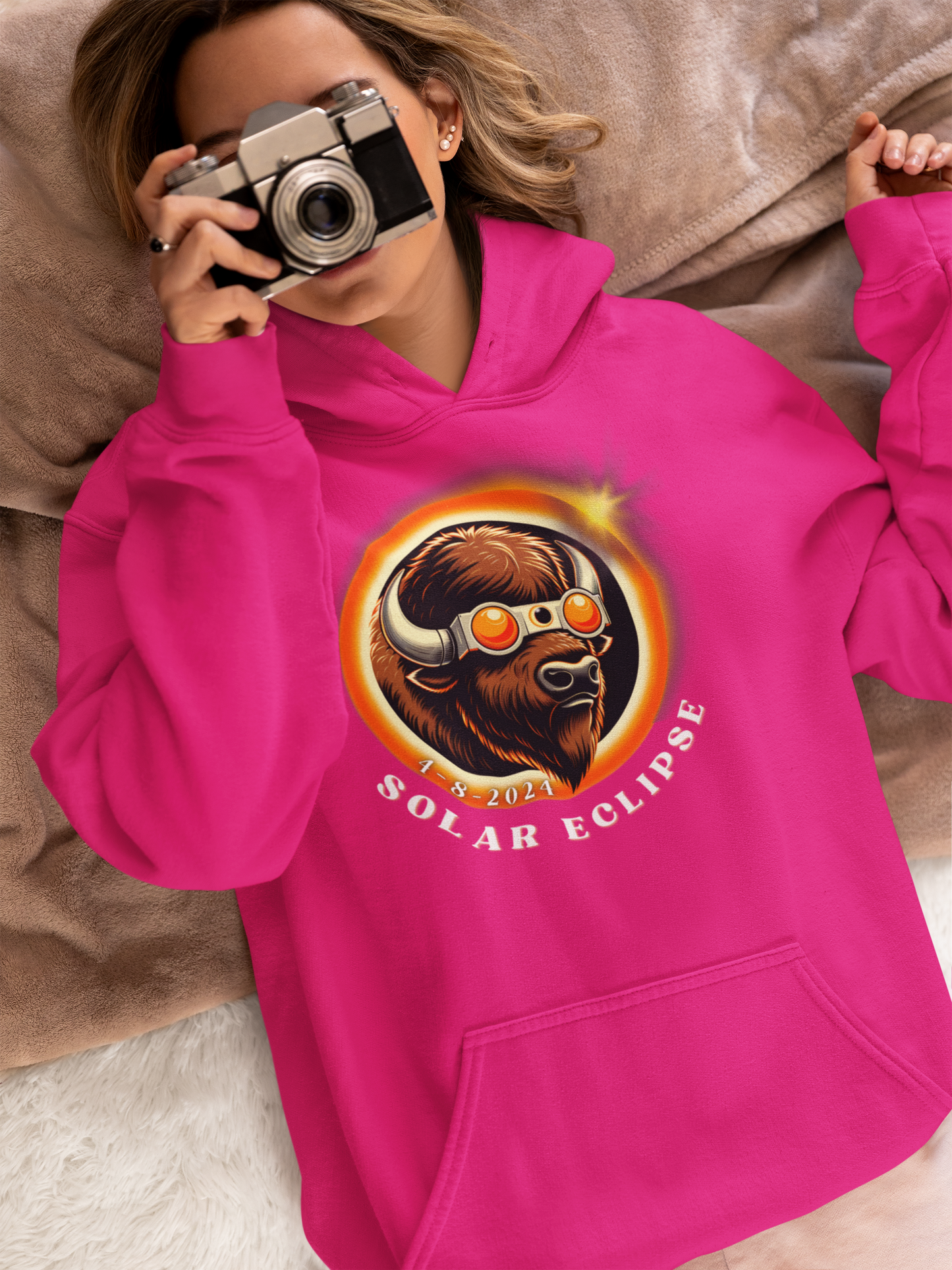 Cool Buffalo in Sunglasses Eclipse Hoodie - Unique Wildlife Fashion Apparel, American Buffalo Eclipse Style Hooded Sweatshirt -Fun Animal Lover Gift