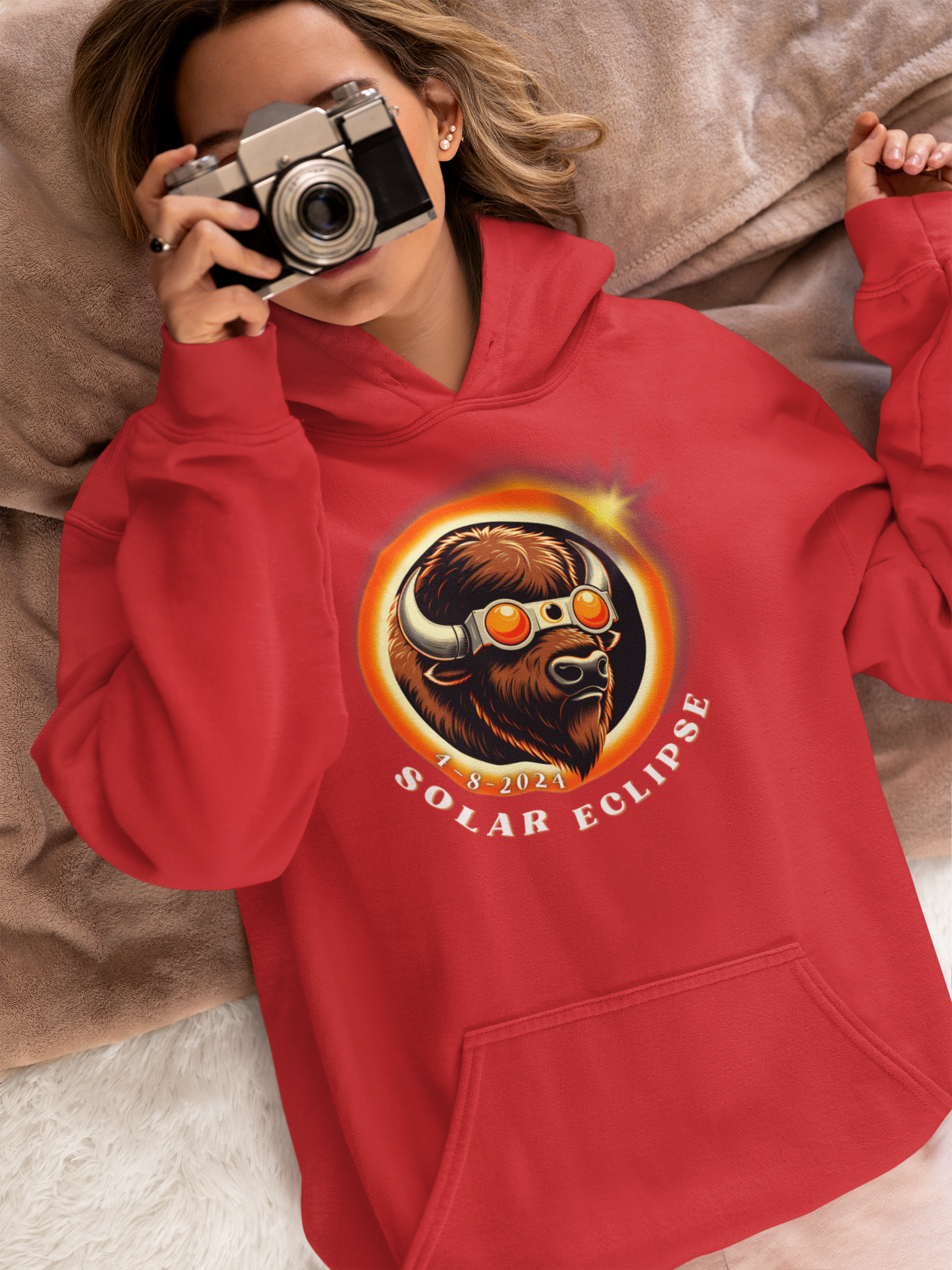 Cool Buffalo in Sunglasses Eclipse Hoodie - Unique Wildlife Fashion Apparel, American Buffalo Eclipse Style Hooded Sweatshirt -Fun Animal Lover Gift