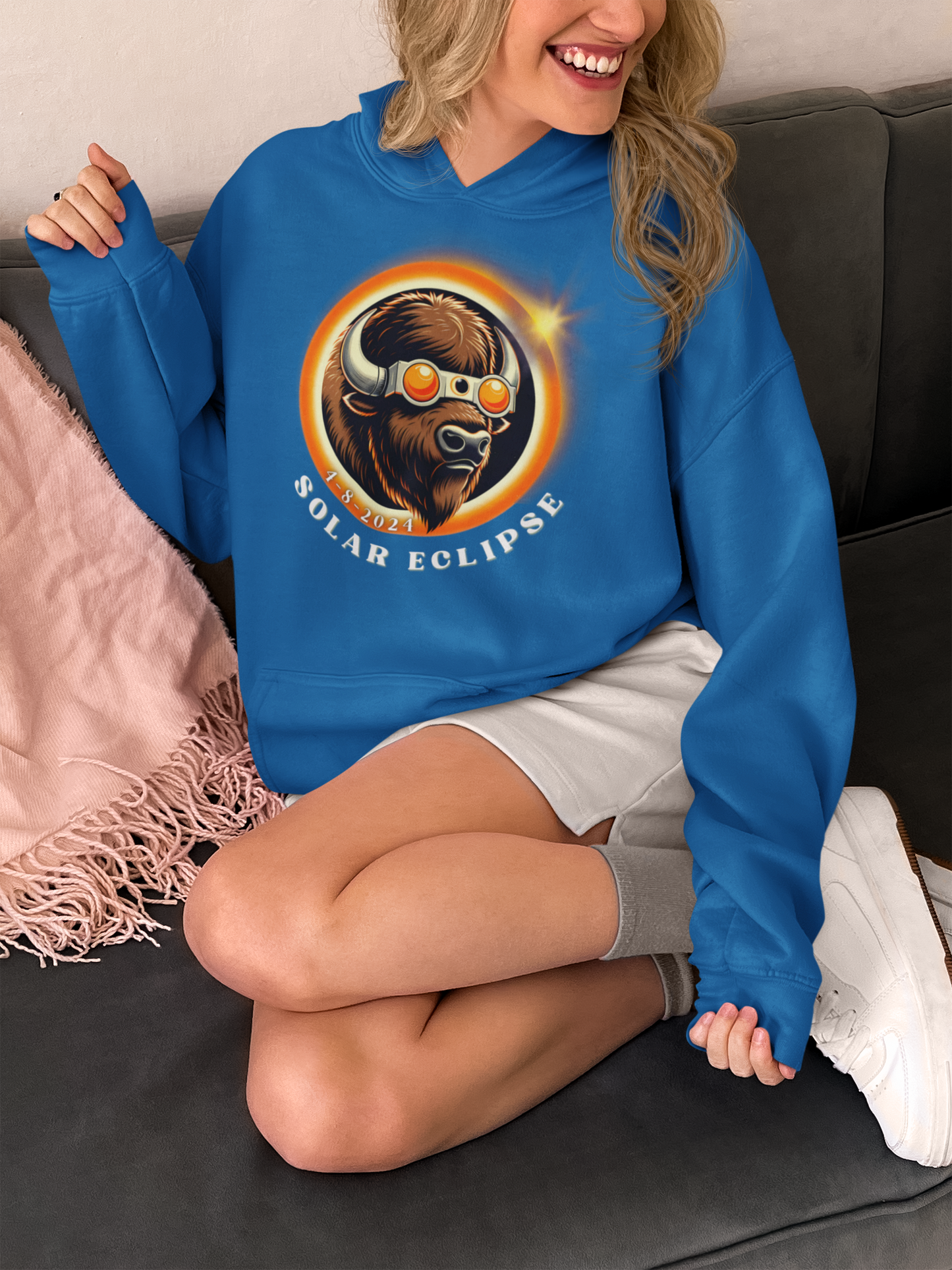 Cool Buffalo in Sunglasses Eclipse Hoodie - Unique Wildlife Fashion Apparel, American Buffalo Eclipse Style Hooded Sweatshirt -Fun Animal Lover Gift