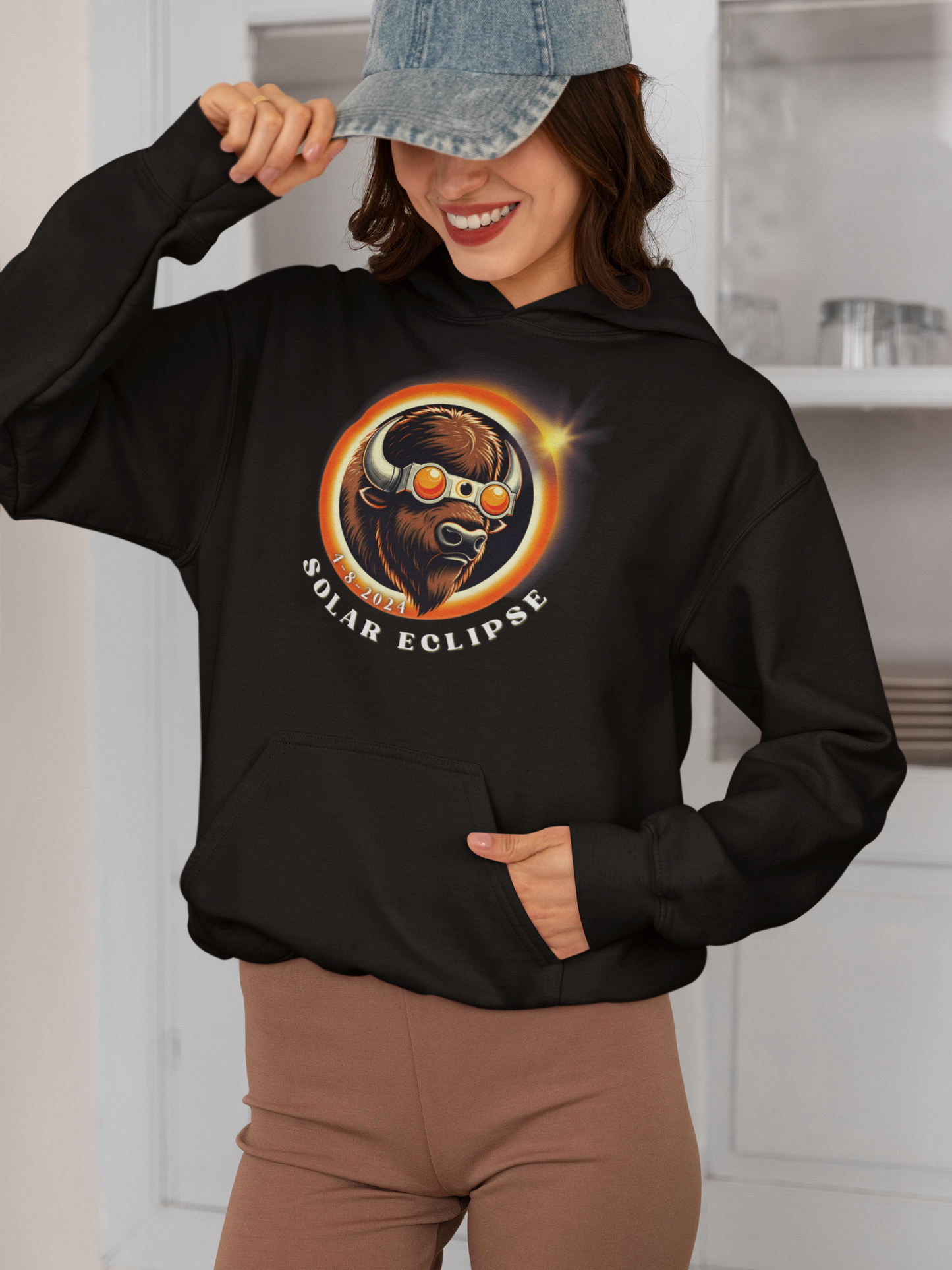 Cool Buffalo in Sunglasses Eclipse Hoodie - Unique Wildlife Fashion Apparel, American Buffalo Eclipse Style Hooded Sweatshirt -Fun Animal Lover Gift