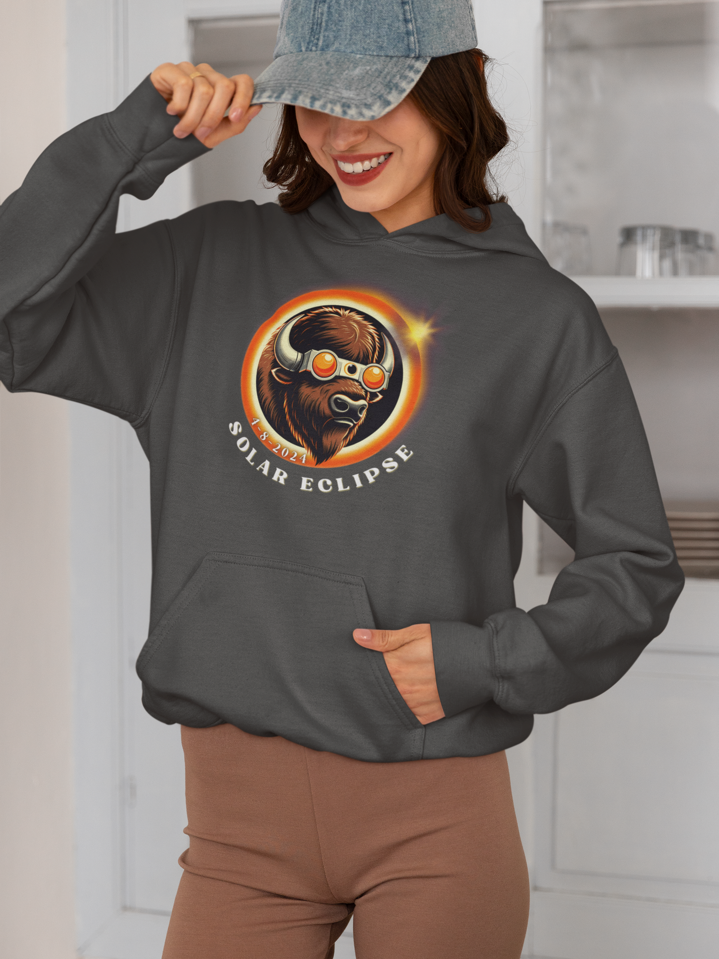 Cool Buffalo in Sunglasses Eclipse Hoodie - Unique Wildlife Fashion Apparel, American Buffalo Eclipse Style Hooded Sweatshirt -Fun Animal Lover Gift