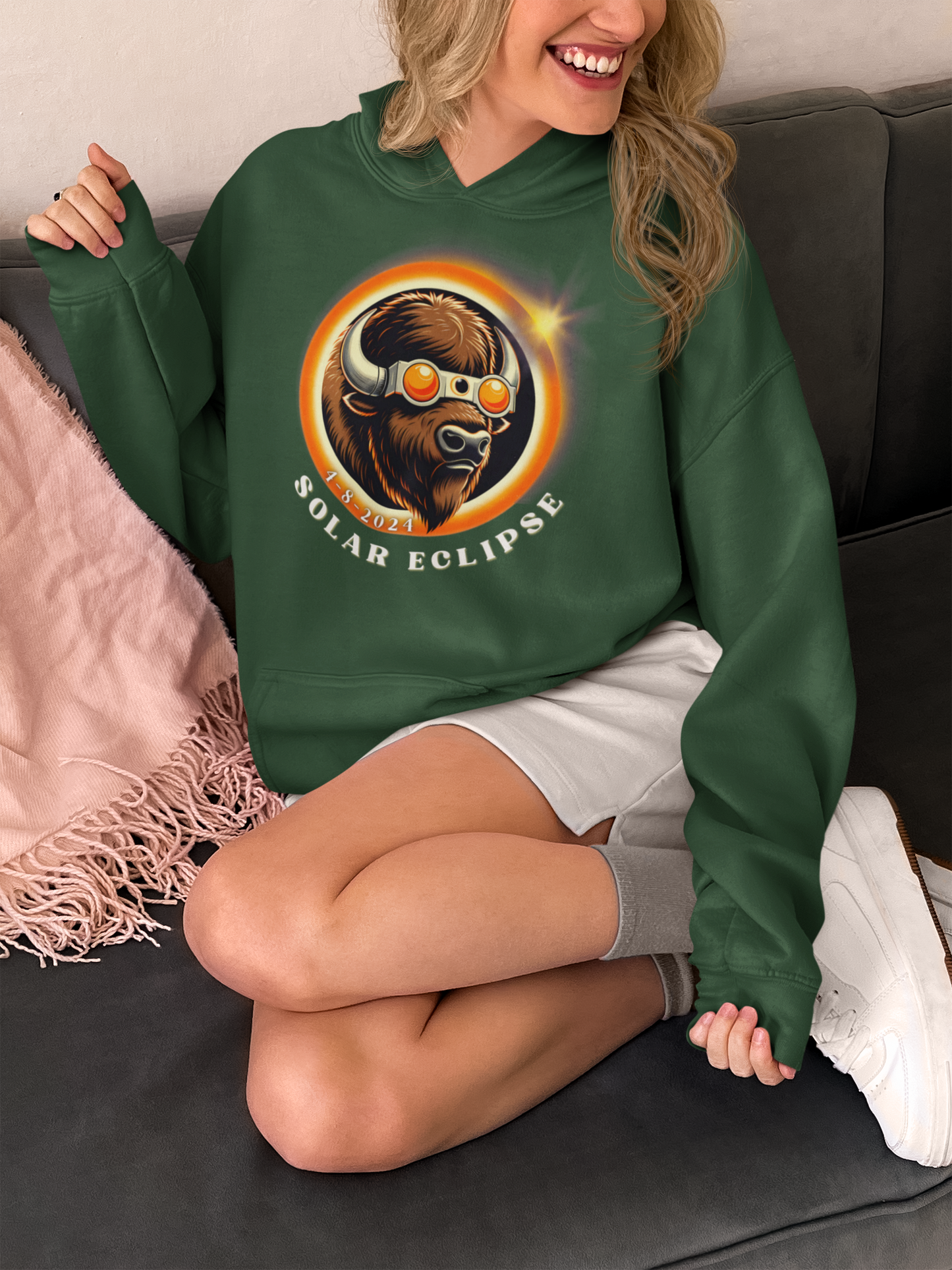 Cool Buffalo in Sunglasses Eclipse Hoodie - Unique Wildlife Fashion Apparel, American Buffalo Eclipse Style Hooded Sweatshirt -Fun Animal Lover Gift