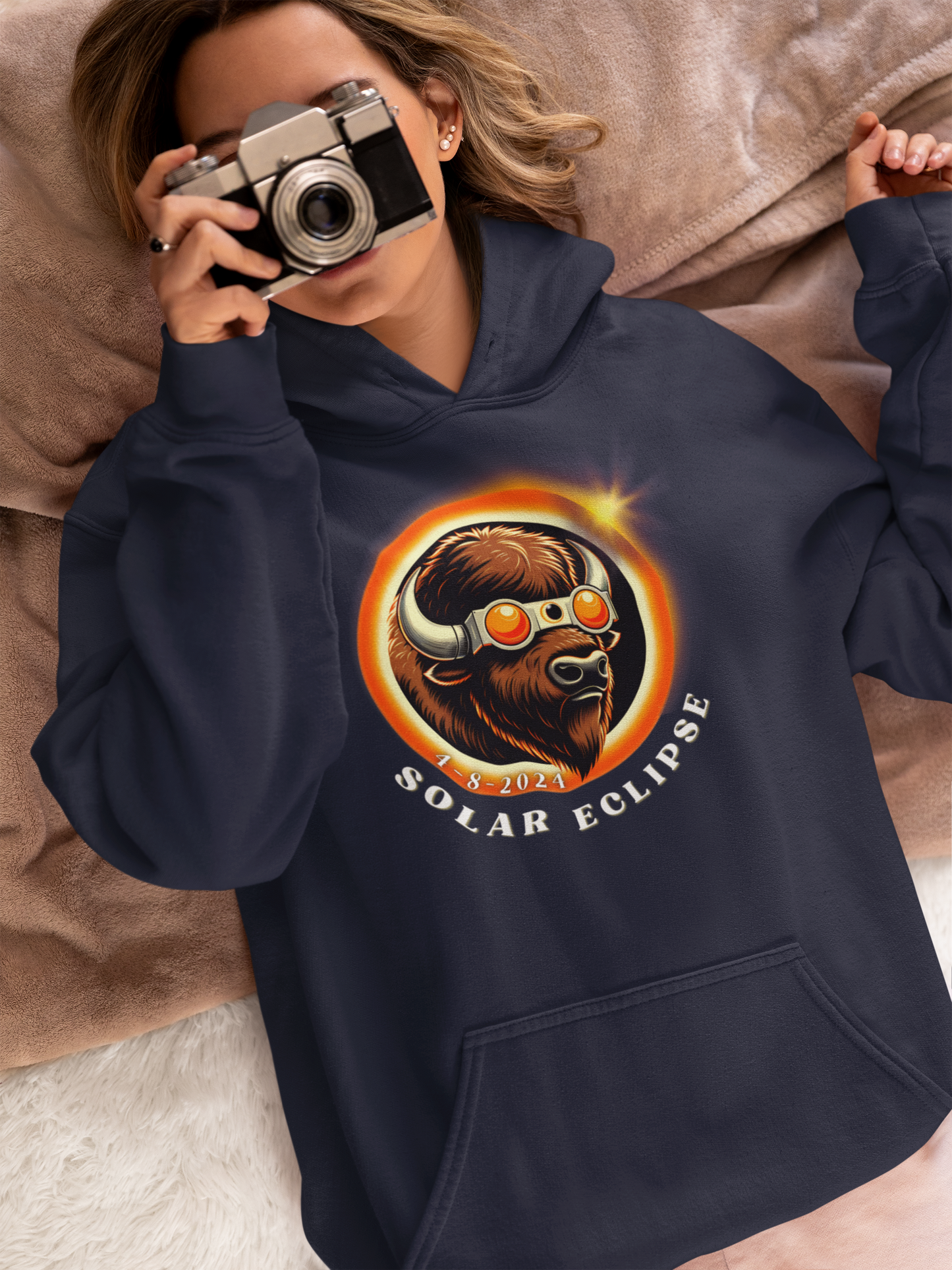 Cool Buffalo in Sunglasses Eclipse Hoodie - Unique Wildlife Fashion Apparel, American Buffalo Eclipse Style Hooded Sweatshirt -Fun Animal Lover Gift