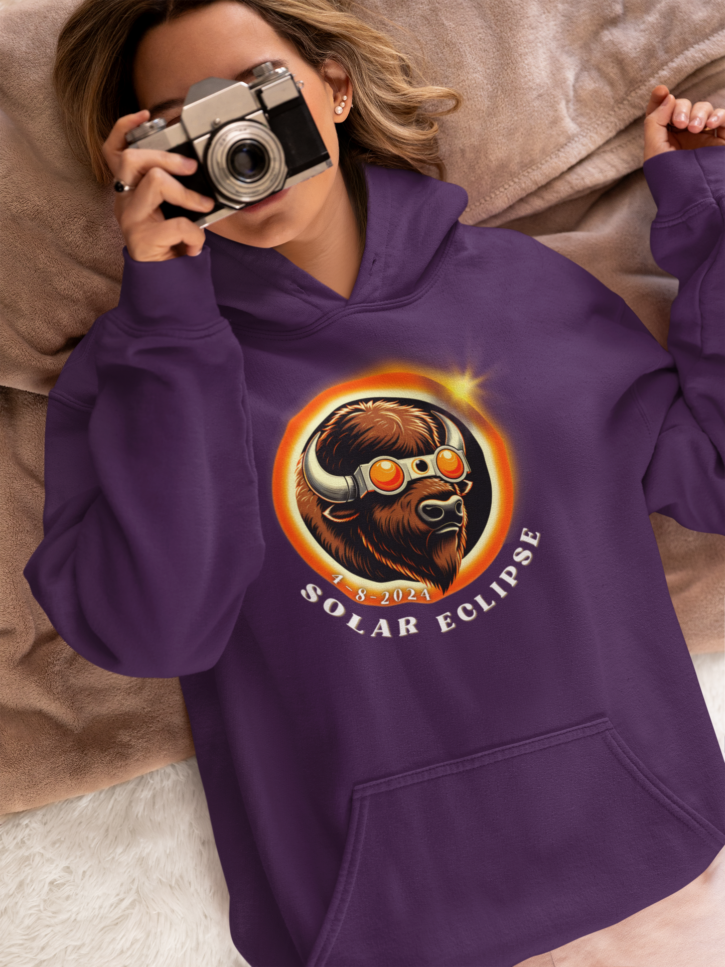 Cool Buffalo in Sunglasses Eclipse Hoodie - Unique Wildlife Fashion Apparel, American Buffalo Eclipse Style Hooded Sweatshirt -Fun Animal Lover Gift