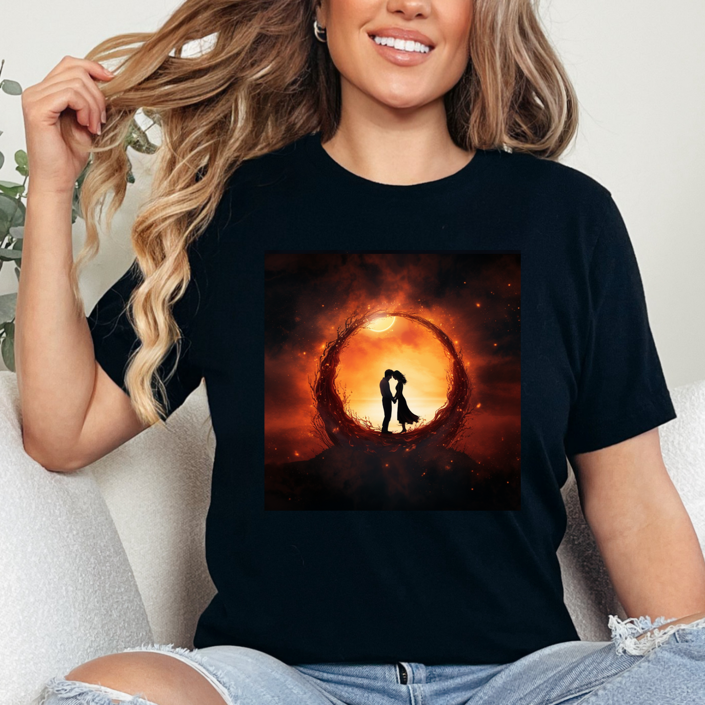 Limited Edition Eclipse Lovers Holding Hands Tshirt - Romantic celestial design,  Unique gift for passionate couples Unisex Heavy Cotton Tee