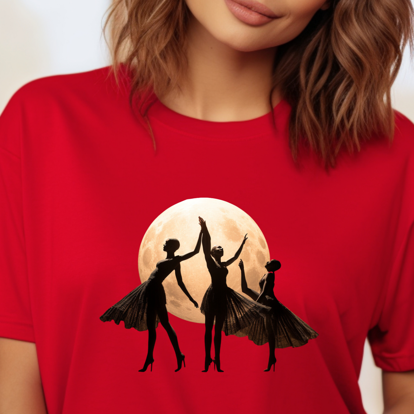 Lunar Dance: Unique Balerina Dancers in Front of Full Moon T-Shirt, Unisex Heavy Cotton Tee