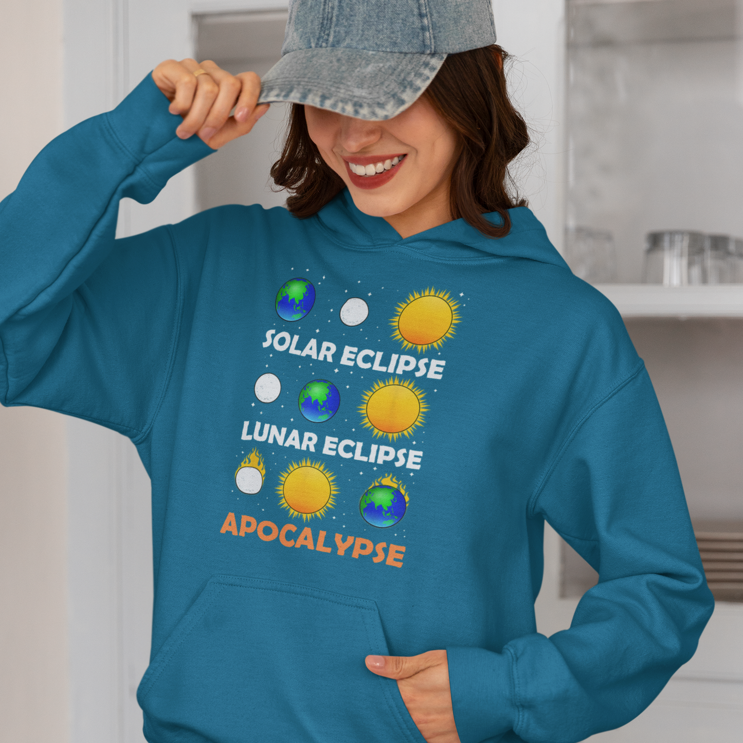 Funny Eclipse Apocalypse 2024 Hooded Sweatshirt - A Cosmic Comedy Unleashed, Teacher's Sweatershirt, Science Sweatshirt, Funny Science Sweatshirt